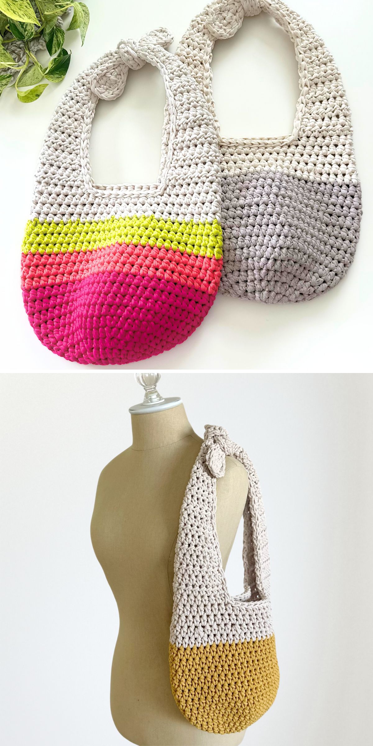 three crochet tote bags with knots on handles and a color block design