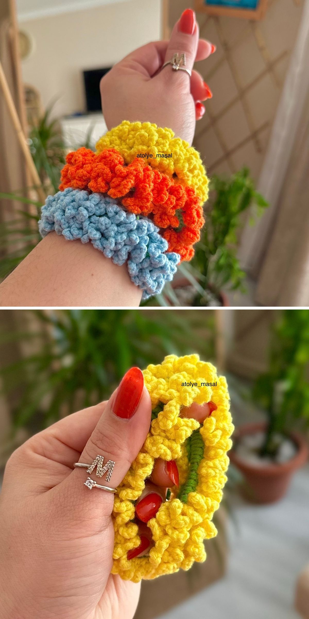 a set of three bright crochet scrunchies in yellow, orange and light blue colors