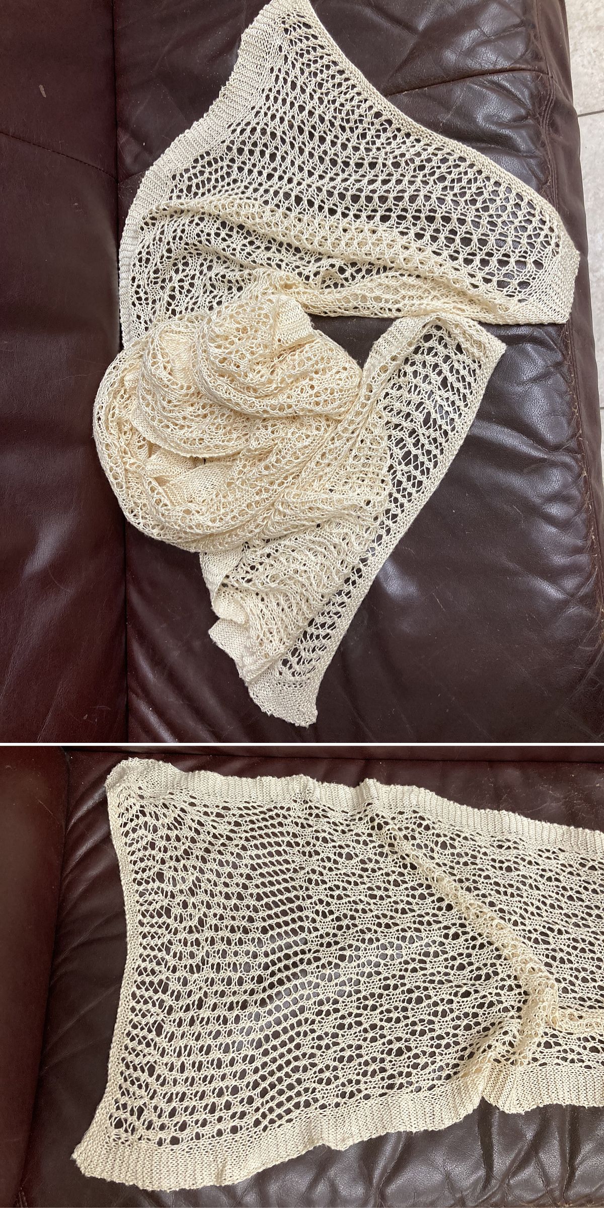 a white lace knit shawl on the brown sofa