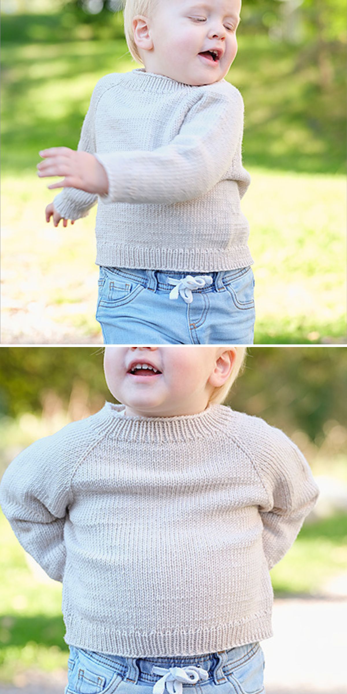 A young child outdoors wearing a light beige knit baby boy sweater and light blue jeans, shown in two different poses with greenery in the background.