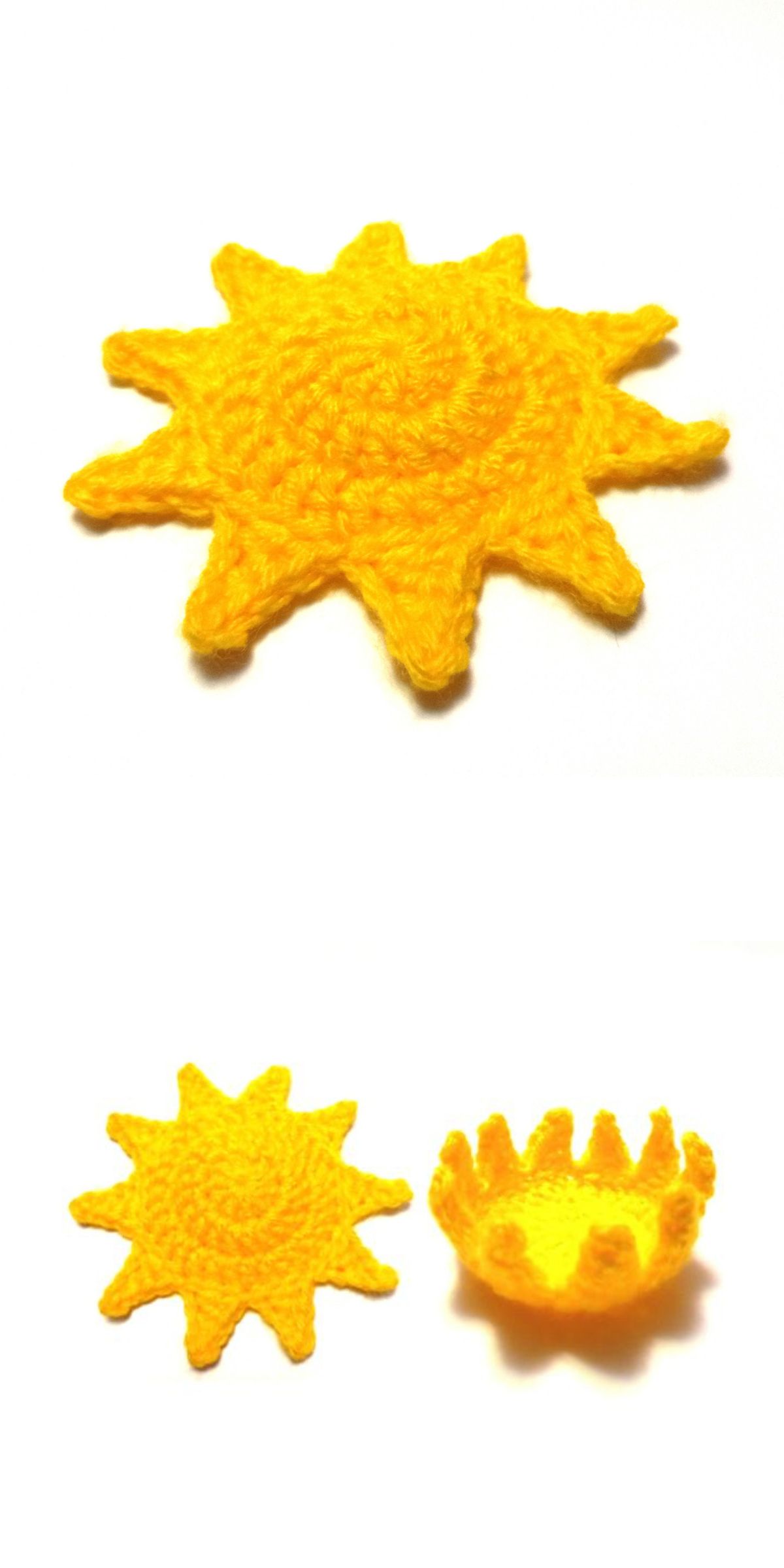 Two crochet sun shapes, one flat and one formed into a small bowl, are displayed on a white background.