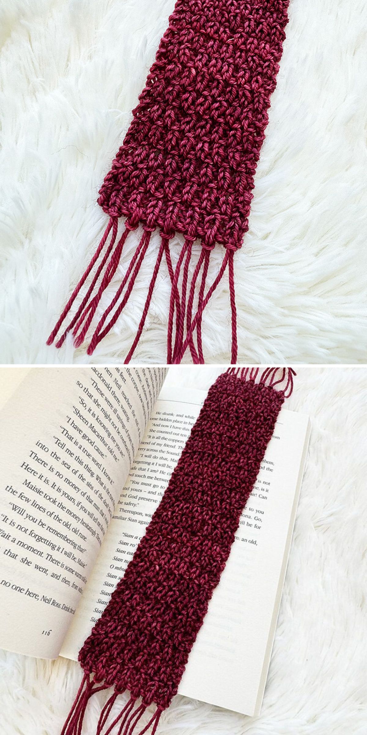 Knitted scarf-style bookmark in deep burgundy yarn featuring a textured stitch pattern and fringe at both ends, resting inside an open book.