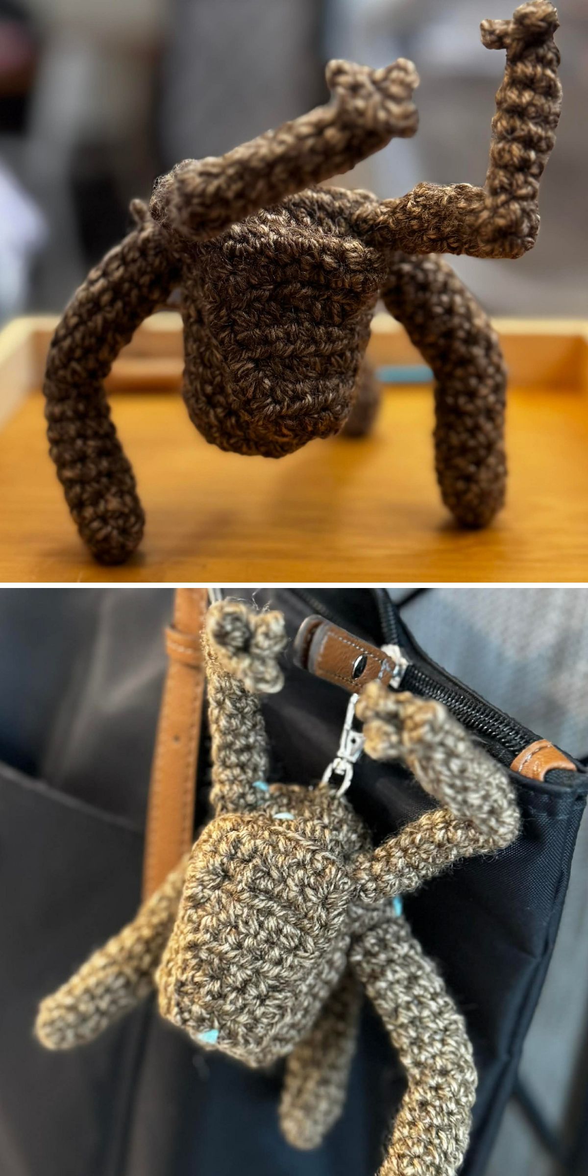Whimsical crochet alien creature with long bendable limbs and a square body, designed as a playful bag charm in mottled brown yarn.