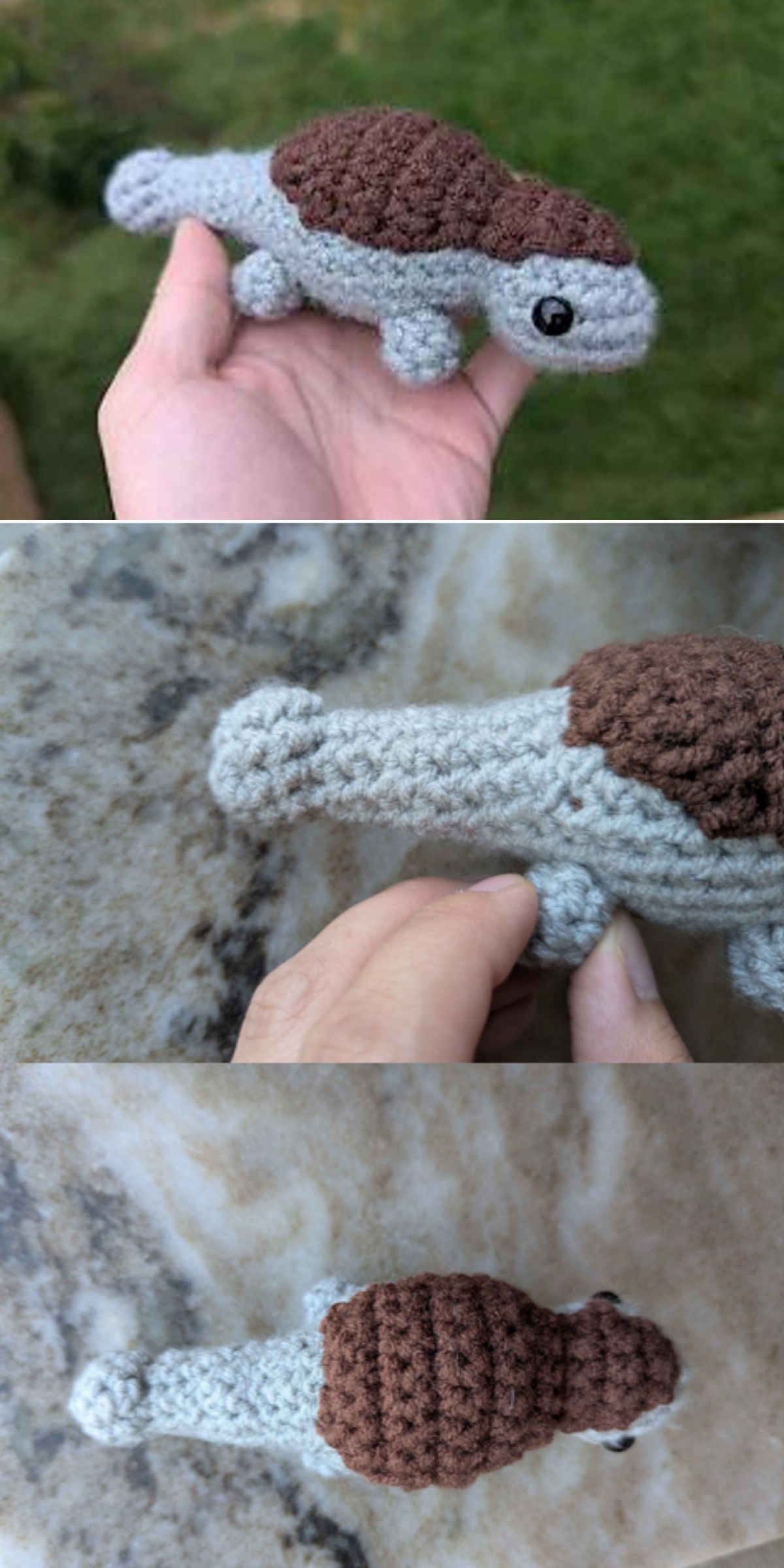 A hand holds a small crocheted dinosaur (Ankylosaurus) with a brown shell and gray body, shown from different angles against outdoor and neutral backgrounds — perfect for fans of crochet dinosaur creations.