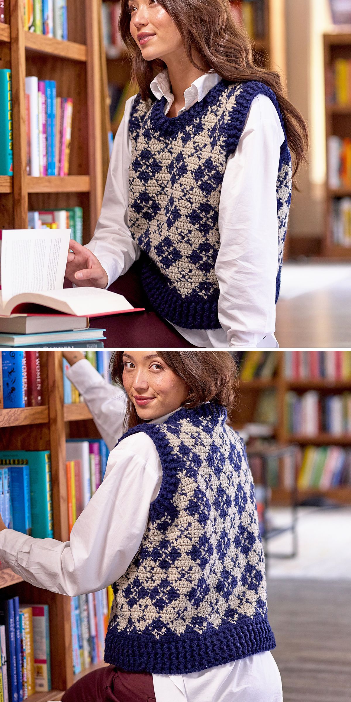 A woman in a white shirt and crochet vest sits and stands by bookshelves in a library, holding and reaching for books.