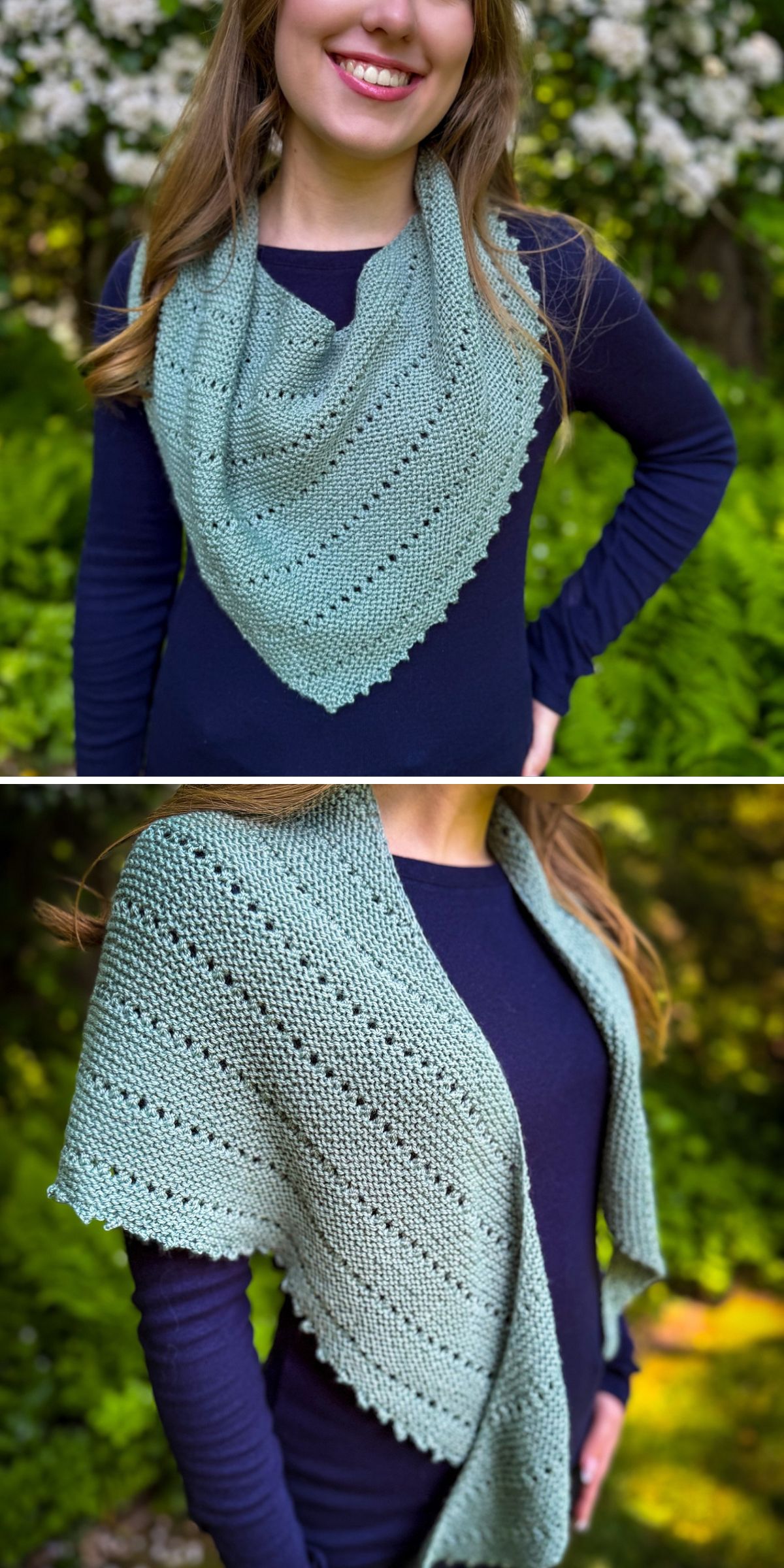 Mint green asymmetrical knitted shawl with garter stitch texture and eyelet details, styled around a woman's neck in a garden setting.