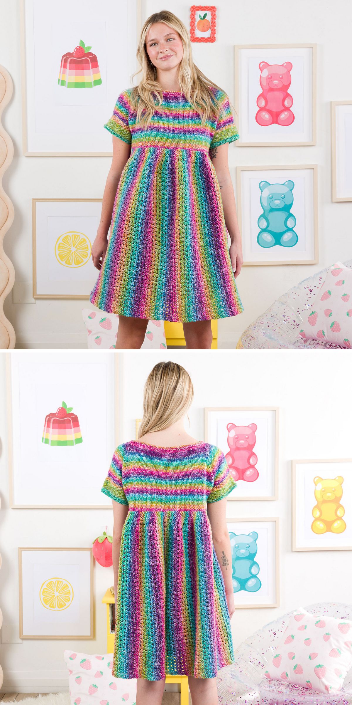 Rainbow-striped knitted babydoll dress with short sleeves and a flared skirt, modeled in a cheerful room decorated with colorful candy-themed wall art.