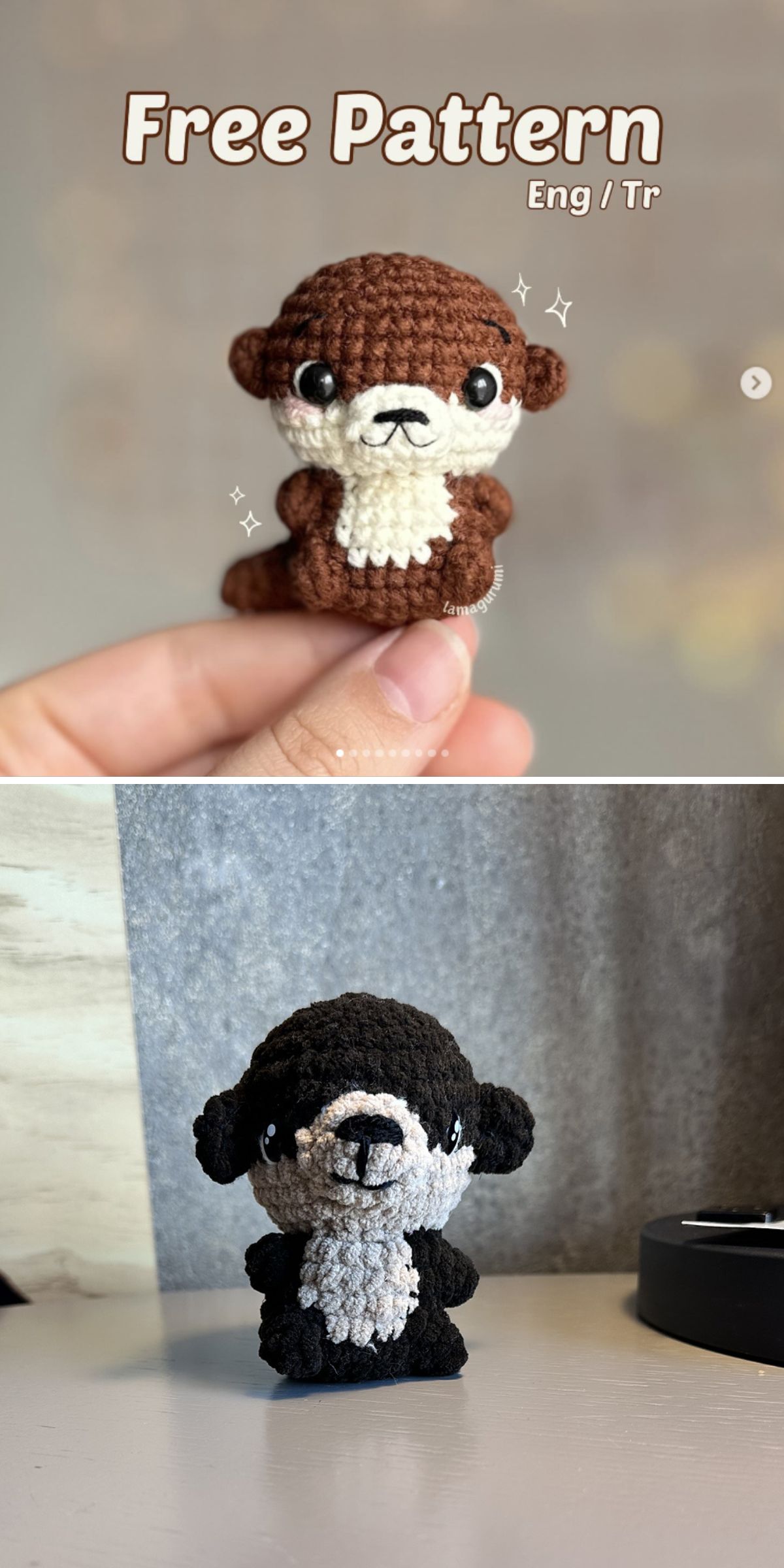 Two photos of crochet baby otter plushies: the top features a small, cute brown and white crochet otter held in a hand, while the bottom shows a darker, larger otter resting on a table.