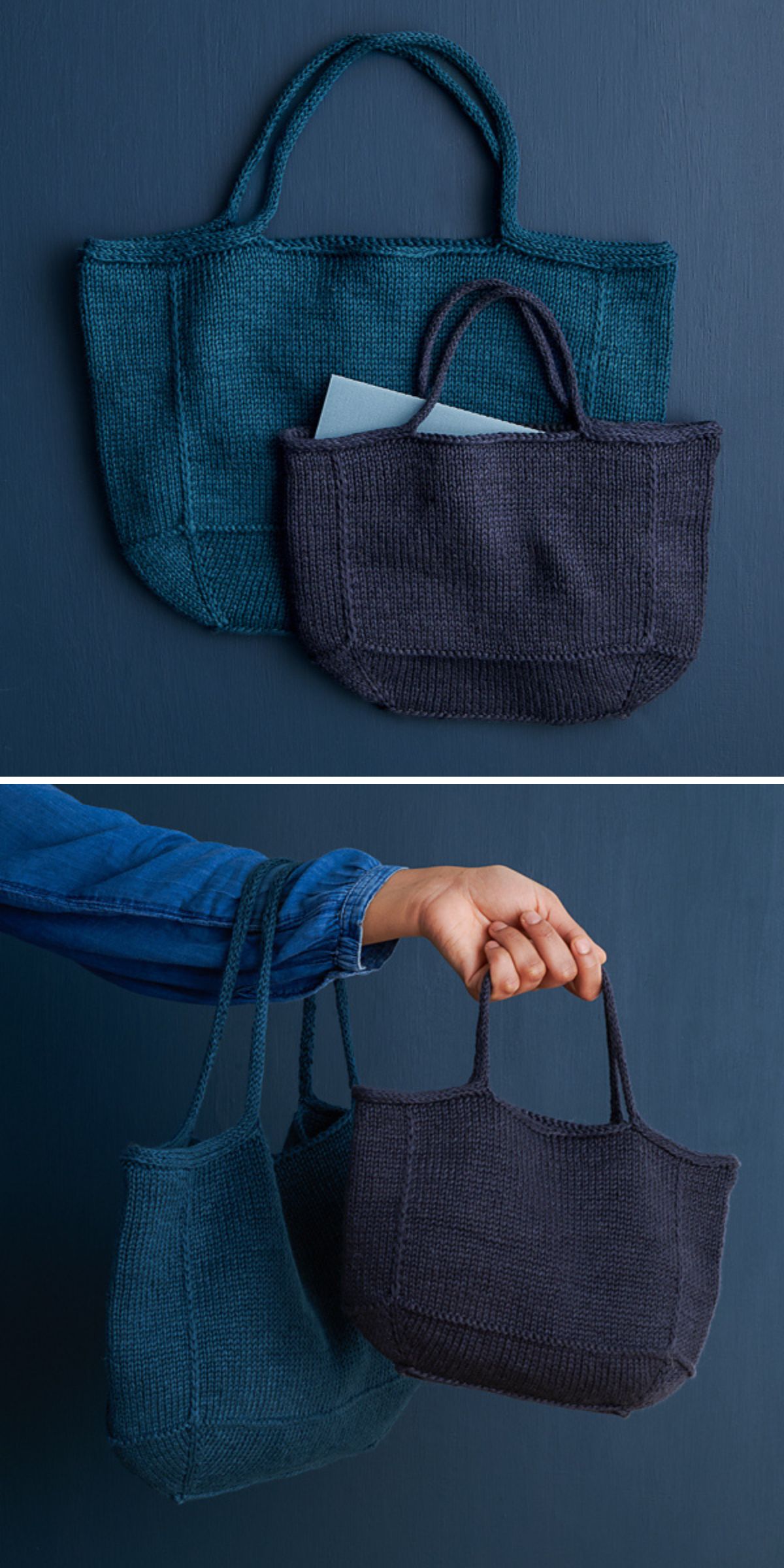 two knit bags in a rich dark blue color shown in hand and lying flat
