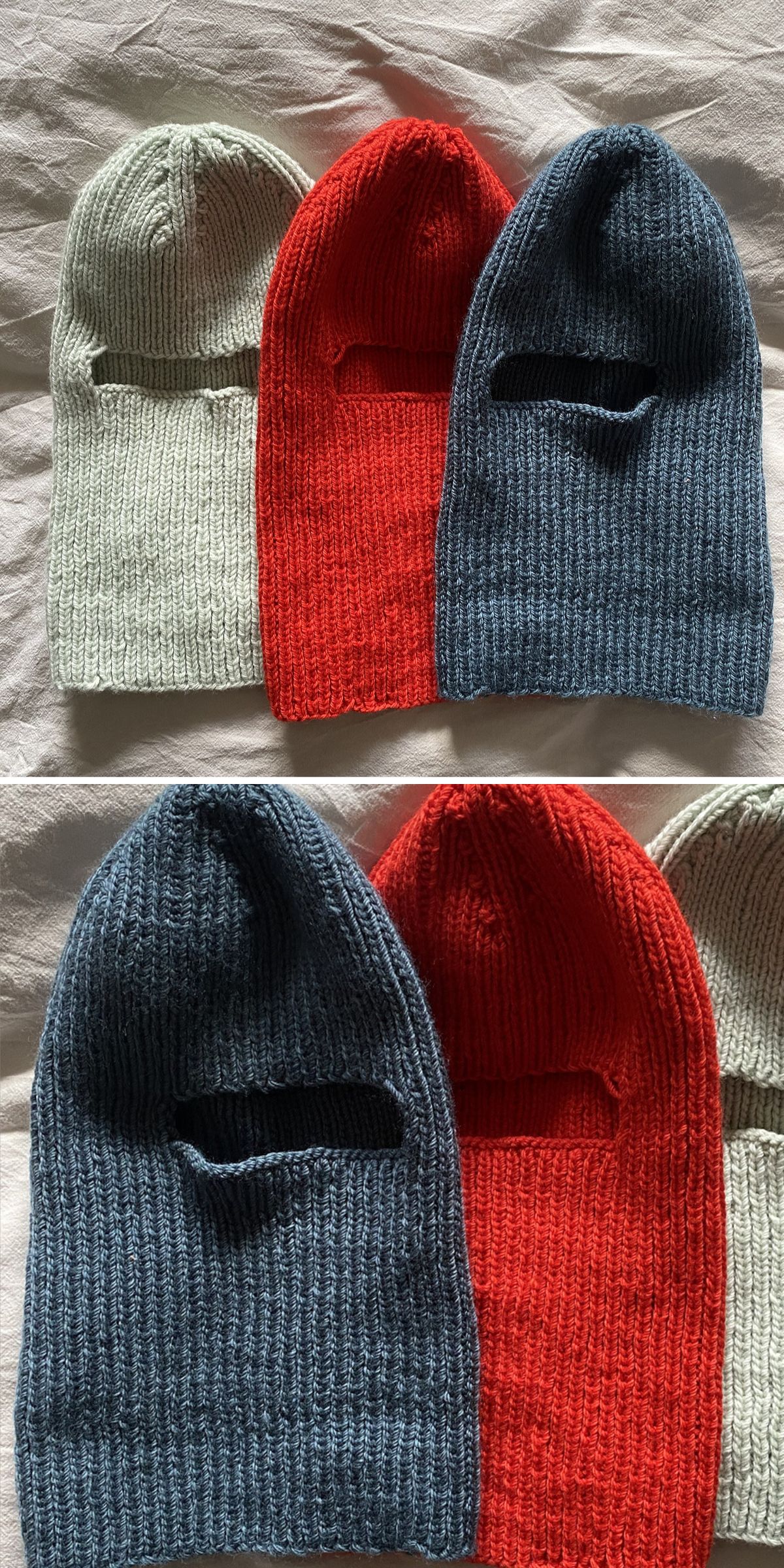 Three knitted balaclavas, each styled as a cozy knitted hood in light green, red, and dark blue, are displayed side by side on a white fabric surface in two different arrangements.