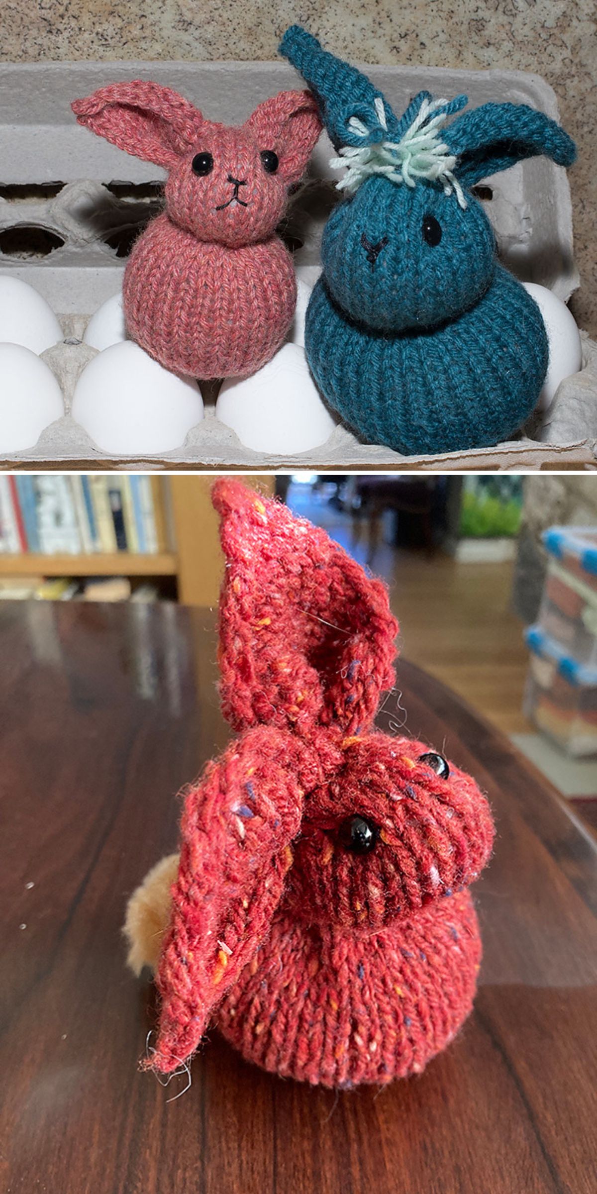 Two photos showing whimsical knit toys — knitted bunny figures, one red and one blue—placed among eggs on a wooden table, with books and storage bins in the background. Perfect inspiration for those seeking knit toy patterns.