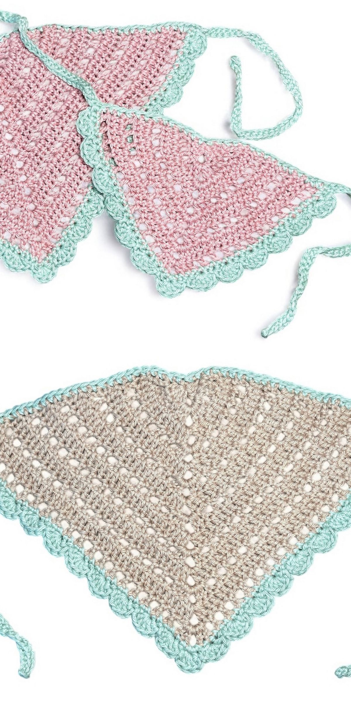 Two crochet bandana designs are shown: one in pink with a green border and the other in beige with a green border, both featuring scalloped edges and ties.