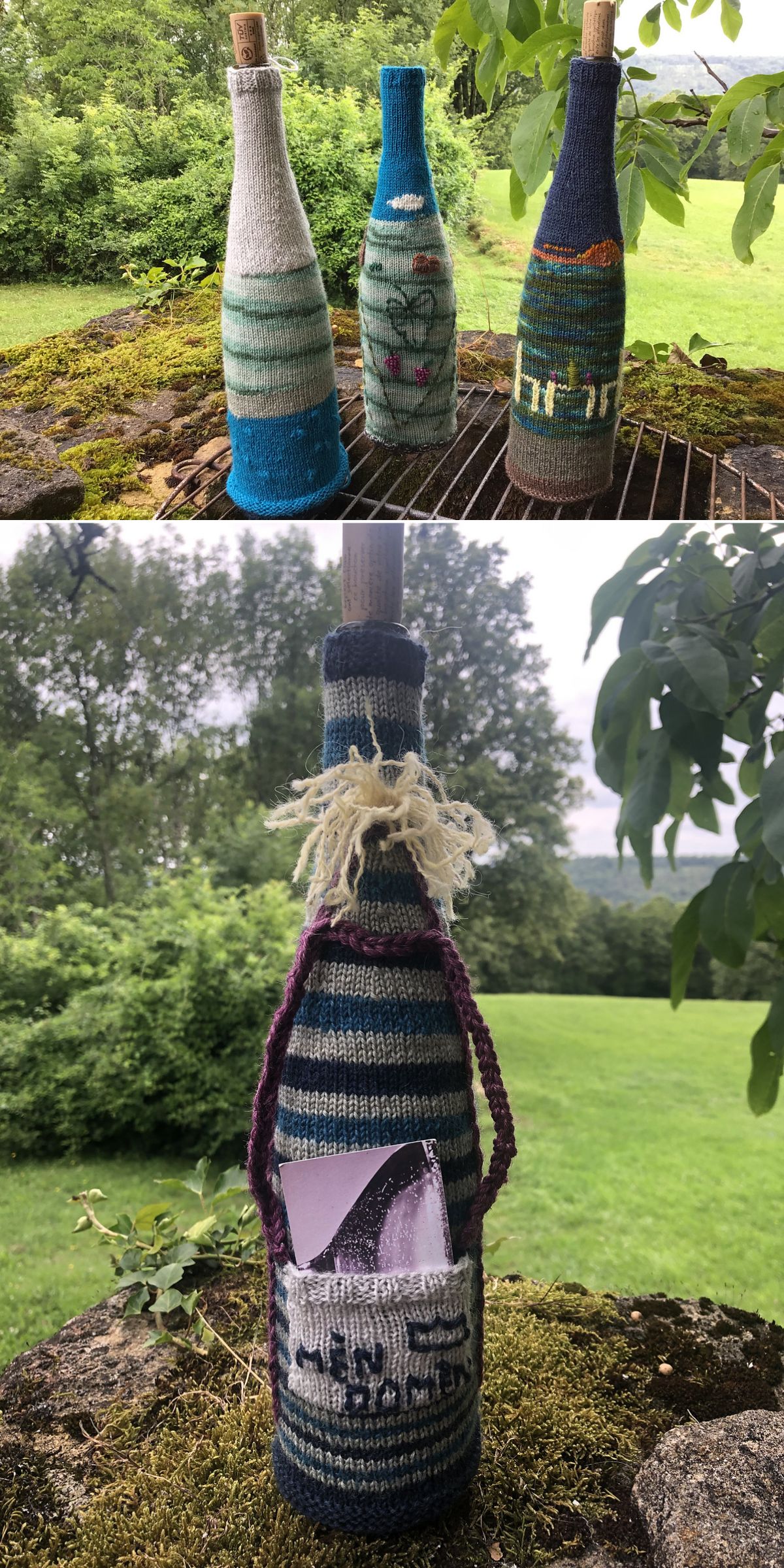 Knitted bottle covers featuring charming knit bottle holder patterns are displayed on wine and water bottles outdoors, with a grassy landscape in the background.