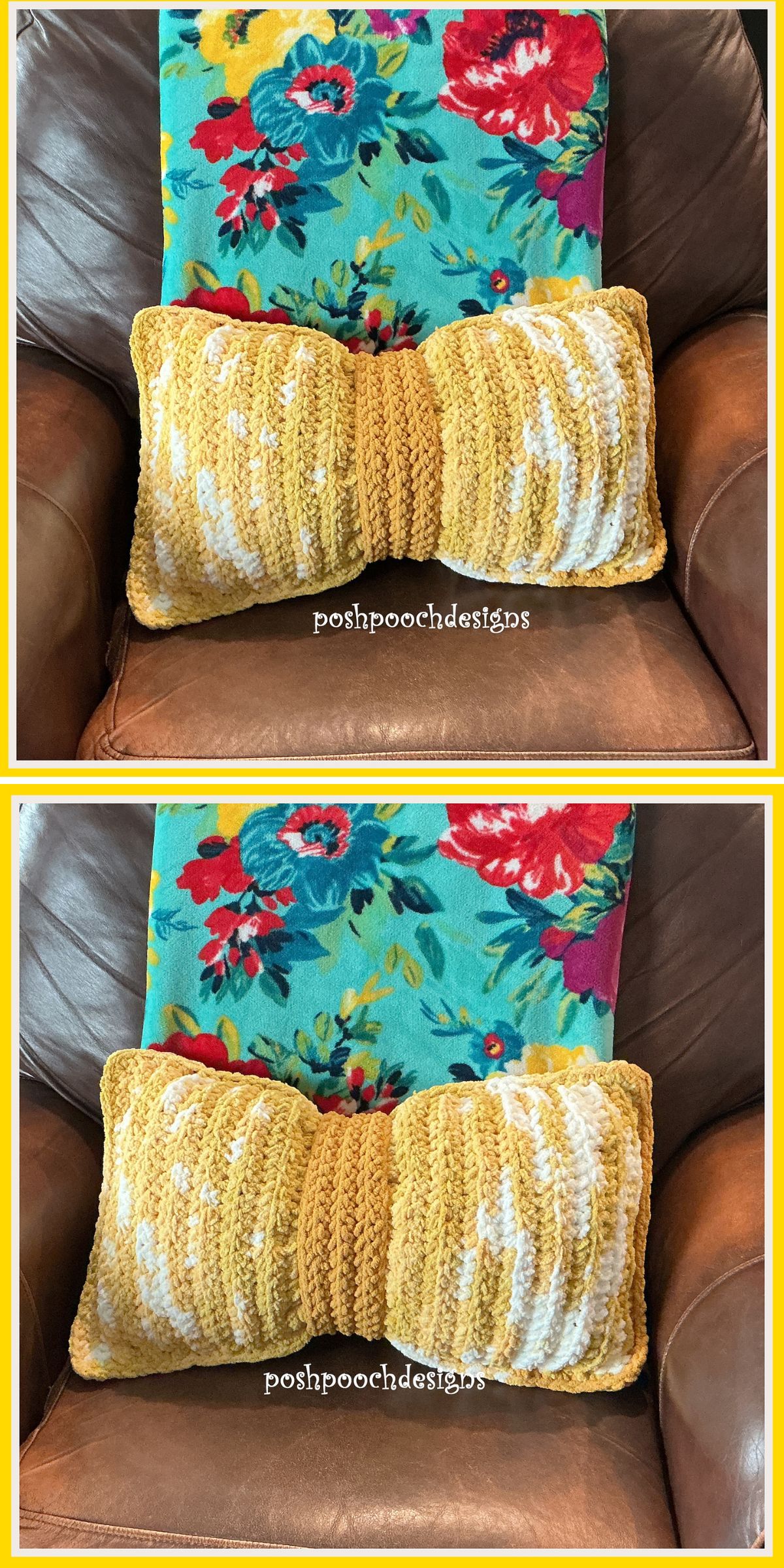 a yellow crochet pillow shaped like a bow