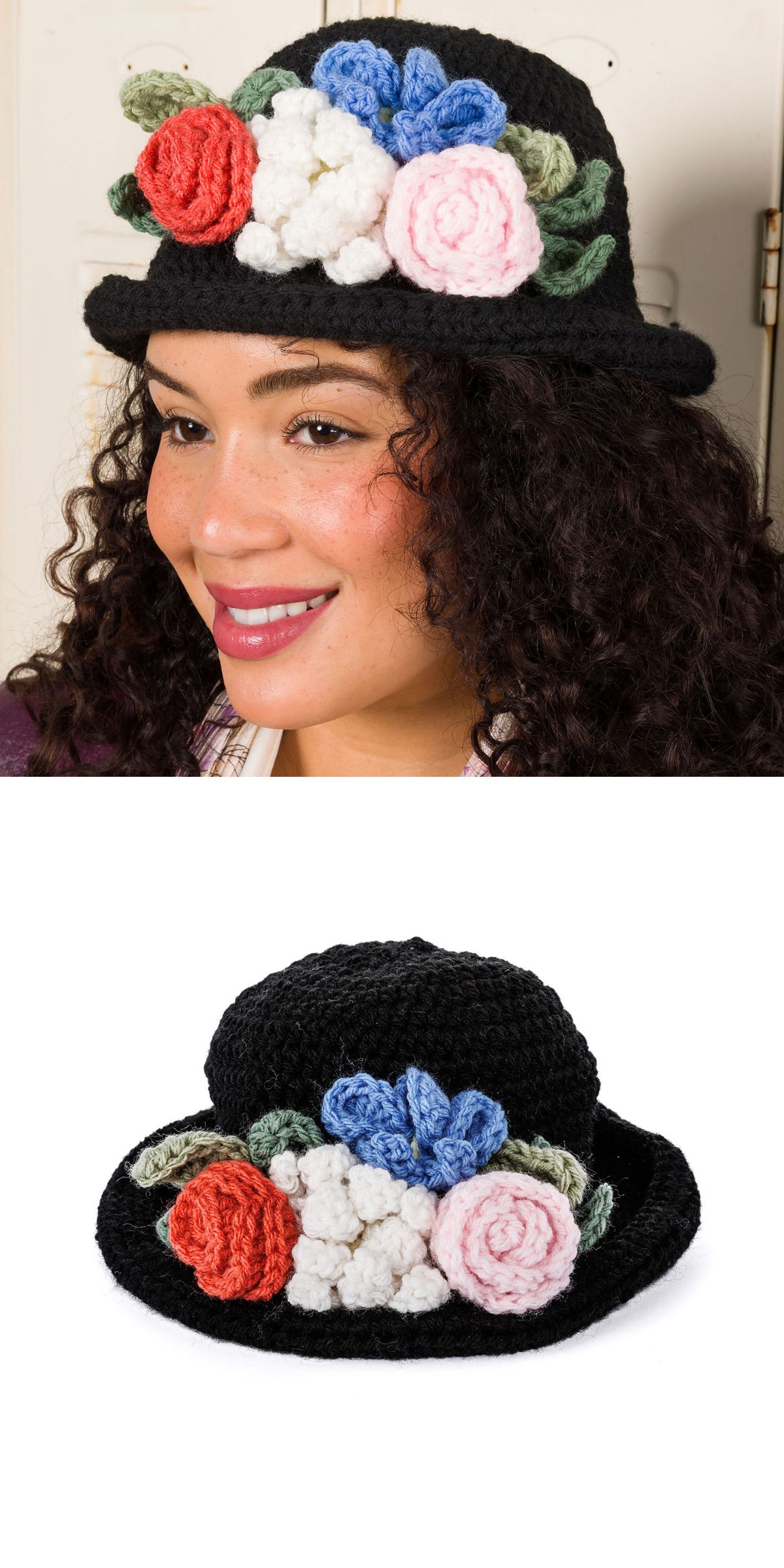 A person wears a black crochet sun hat adorned with large crocheted flowers in red, white, pink, blue, and green. The crochet sun hat is also shown alone on a white background.
