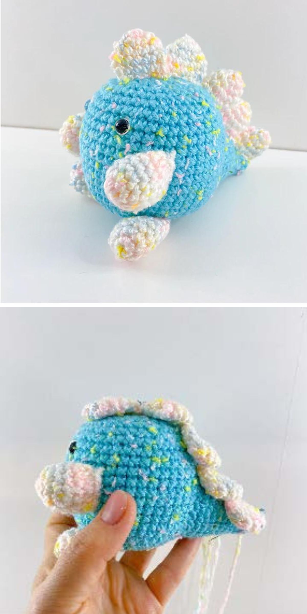a cute light blue crochet dinosaur plushie shaped like a bubble