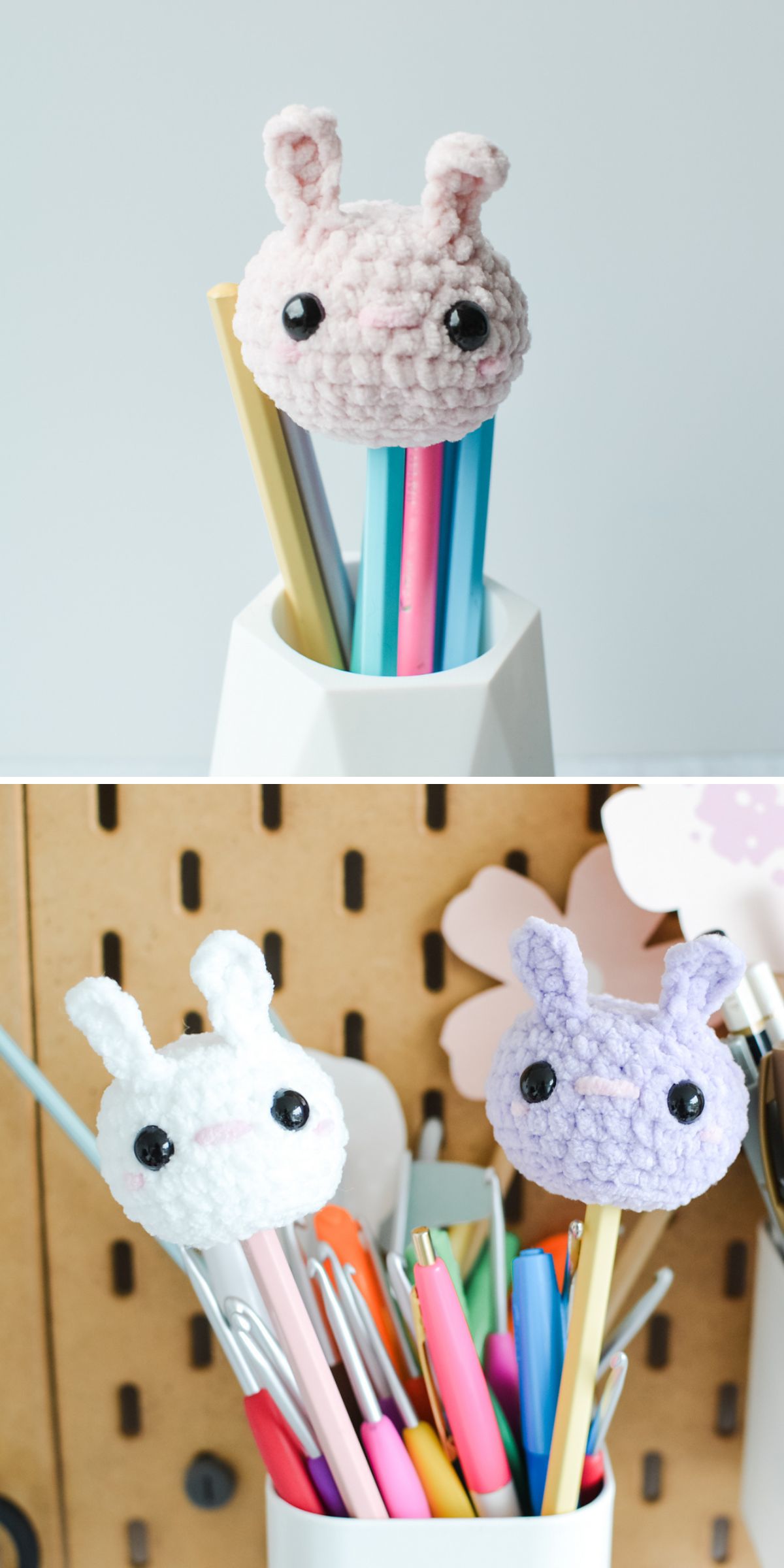 cute crochet bunny pencil toppers in white and light blue colors