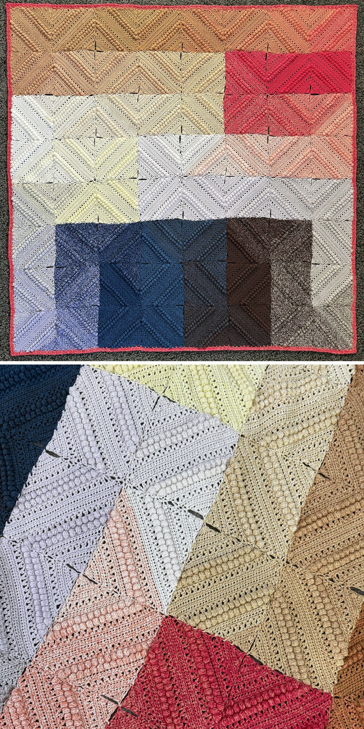 A bobble stitch blanket made of square patches in various colors, arranged in a geometric pattern. Close-up shows textured stitching and color transitions.