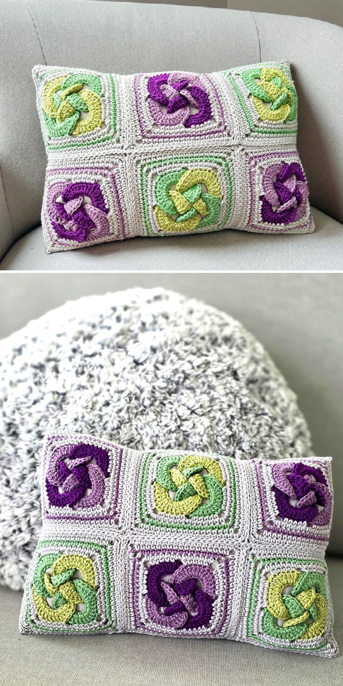 Rectangular crochet pillow featuring interlocking knot patterns in green, yellow, and purple squares, beautifully displayed on a light-colored couch.