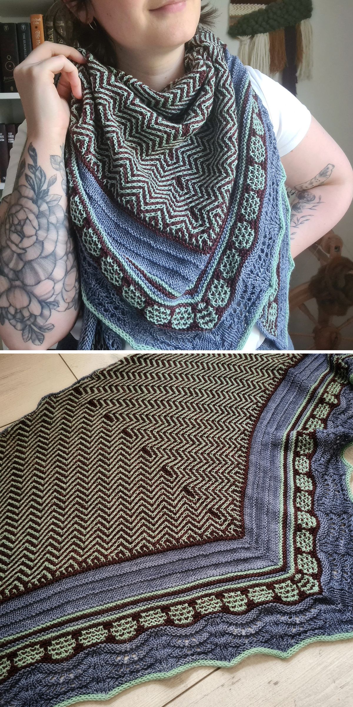a vibrant blue-toned knitted shawl with various patterns on a woman and lying flat
