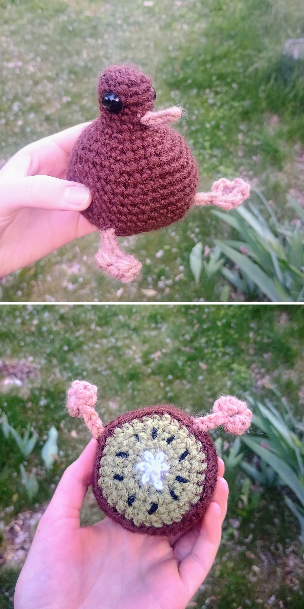 Round crochet kiwi bird amigurumi with a brown body, safety eyes, pink feet, and a stitched kiwi fruit slice on its belly, held outdoors in a garden.