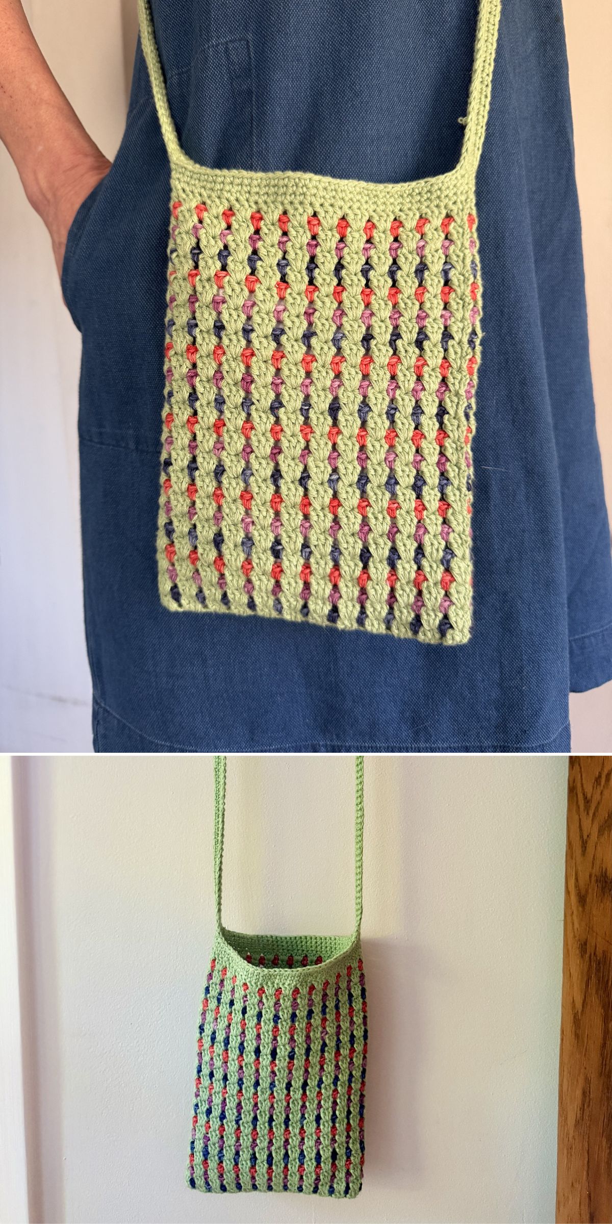 Crochet crossbody bag in soft green yarn with colorful textured stripes, shown worn over a denim dress and hanging against a wall.