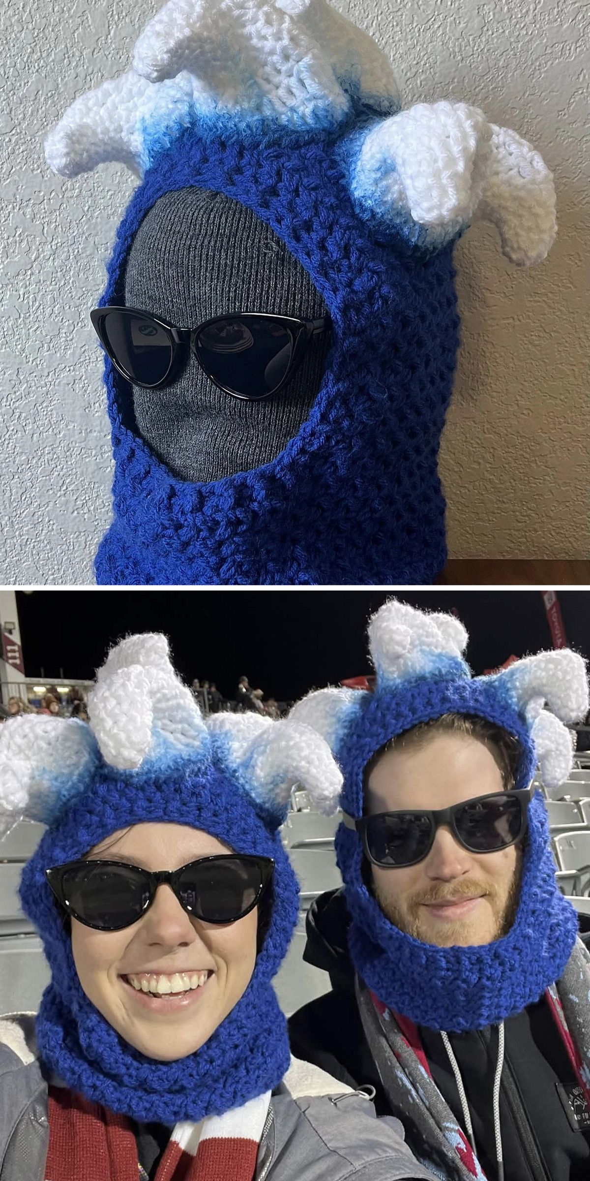 Two people wearing blue crochet hood hats with white spikes and sunglasses; the top image shows one hat alone on a mannequin head.