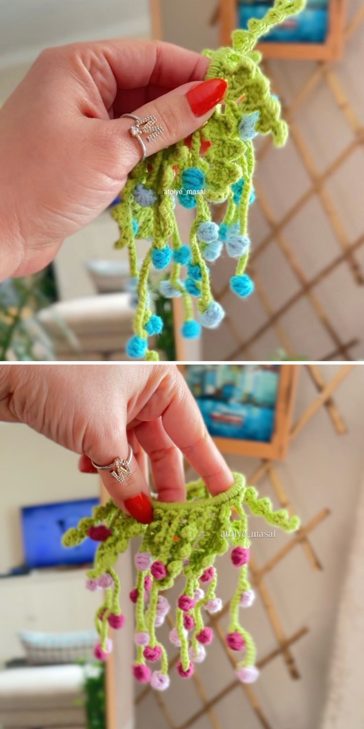 Crochet floral scrunchie or bracelet with dangling stems and colorful pom-pom blossoms, shown worn on a wrist and styled as a decorative accessory.