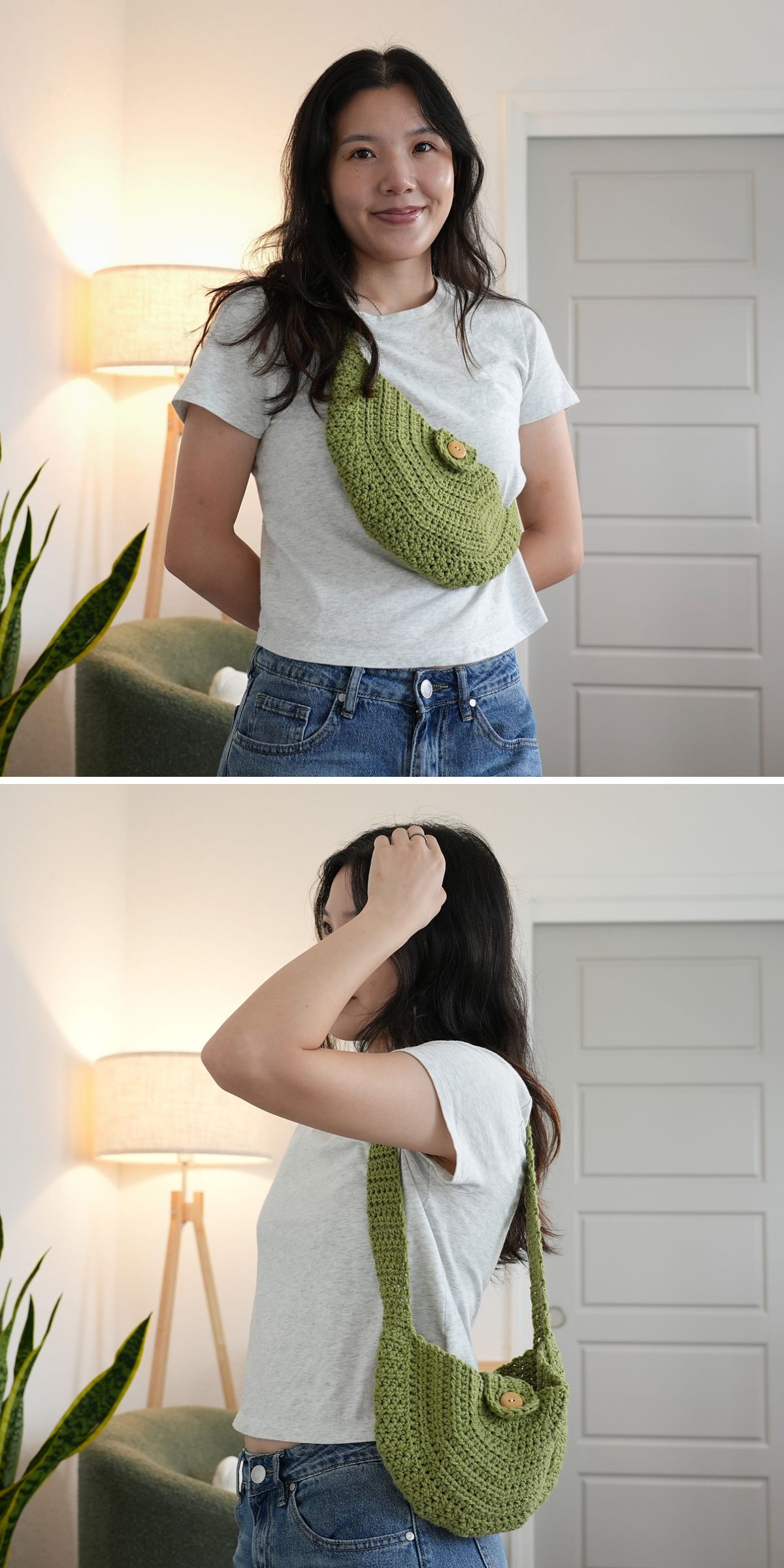 A woman wearing a light gray t-shirt and jeans models a green crochet crossbody bag, shown from the front and side in a well-lit room.