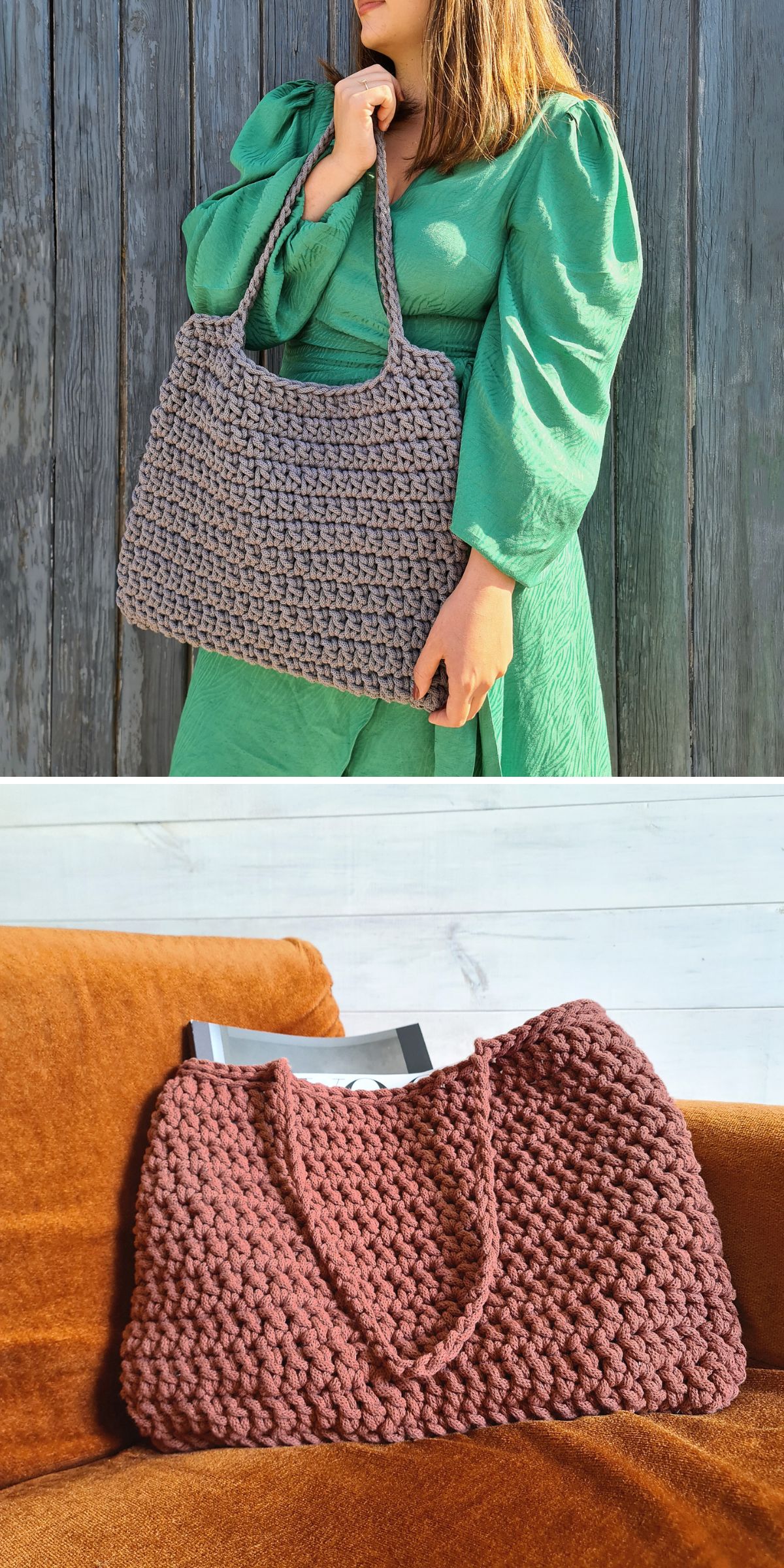 a woman in a green dress holds a grey crochet tote bag; below the same bag is nested on an orange couch