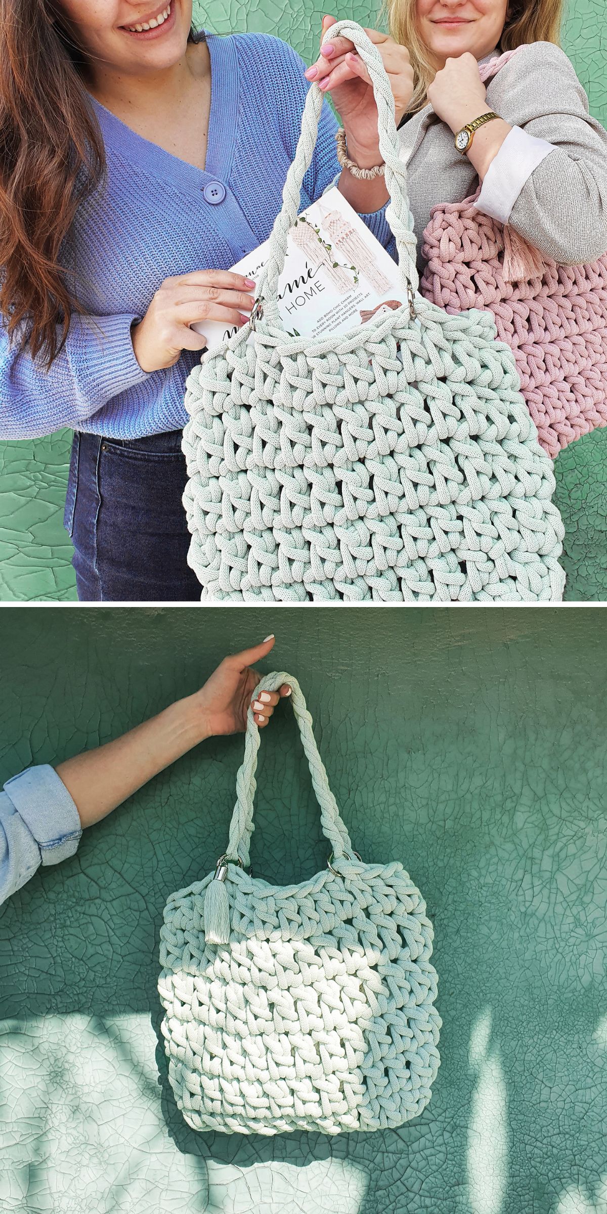 Two women hold chunky, handmade crochet tote bags in pastel colors; a single crochet bag is displayed hanging against a green wall in the second image.