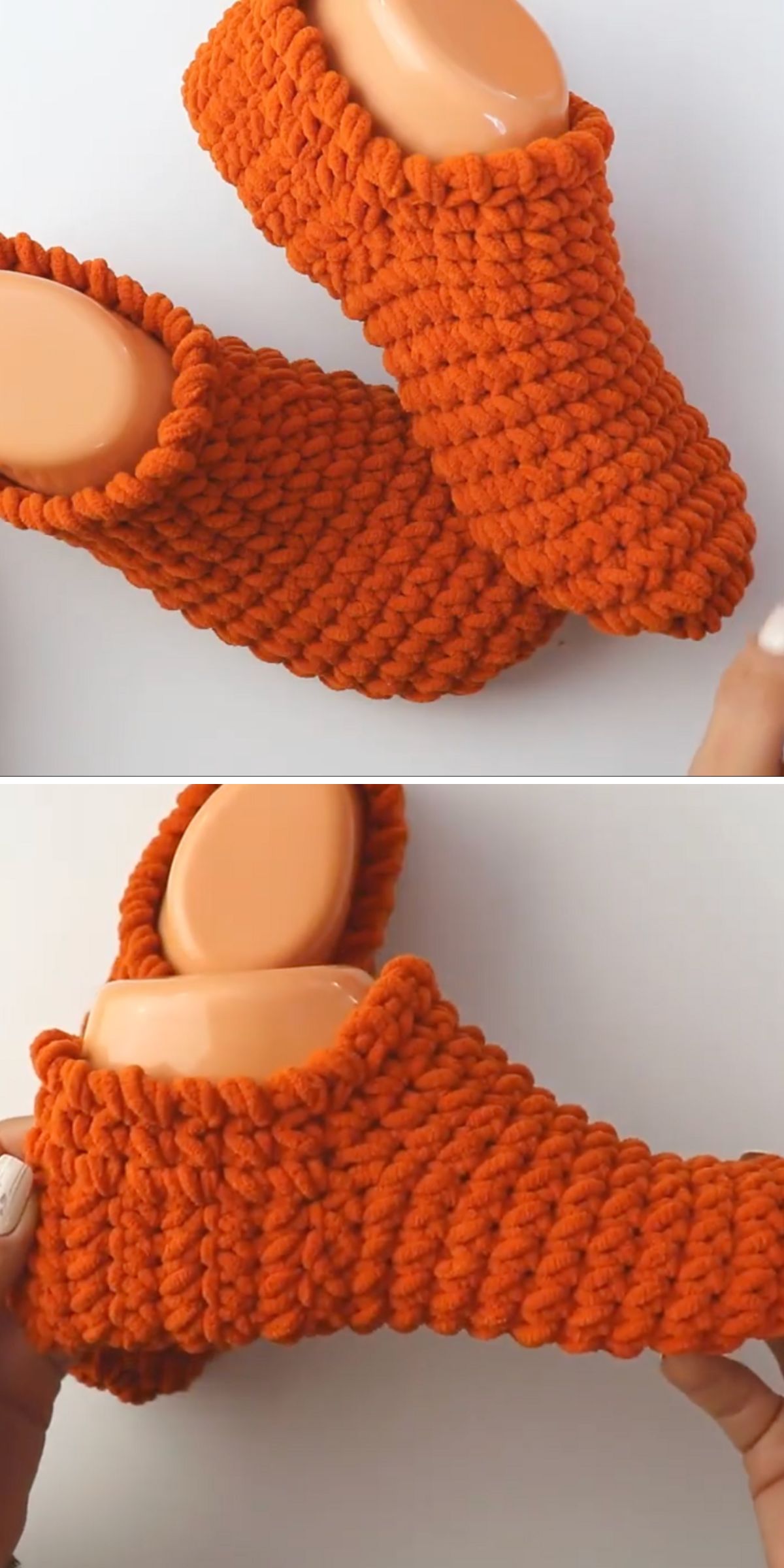 Two images show orange, handmade crochet slippers on plastic display feet, highlighting the texture and stitching from different angles.