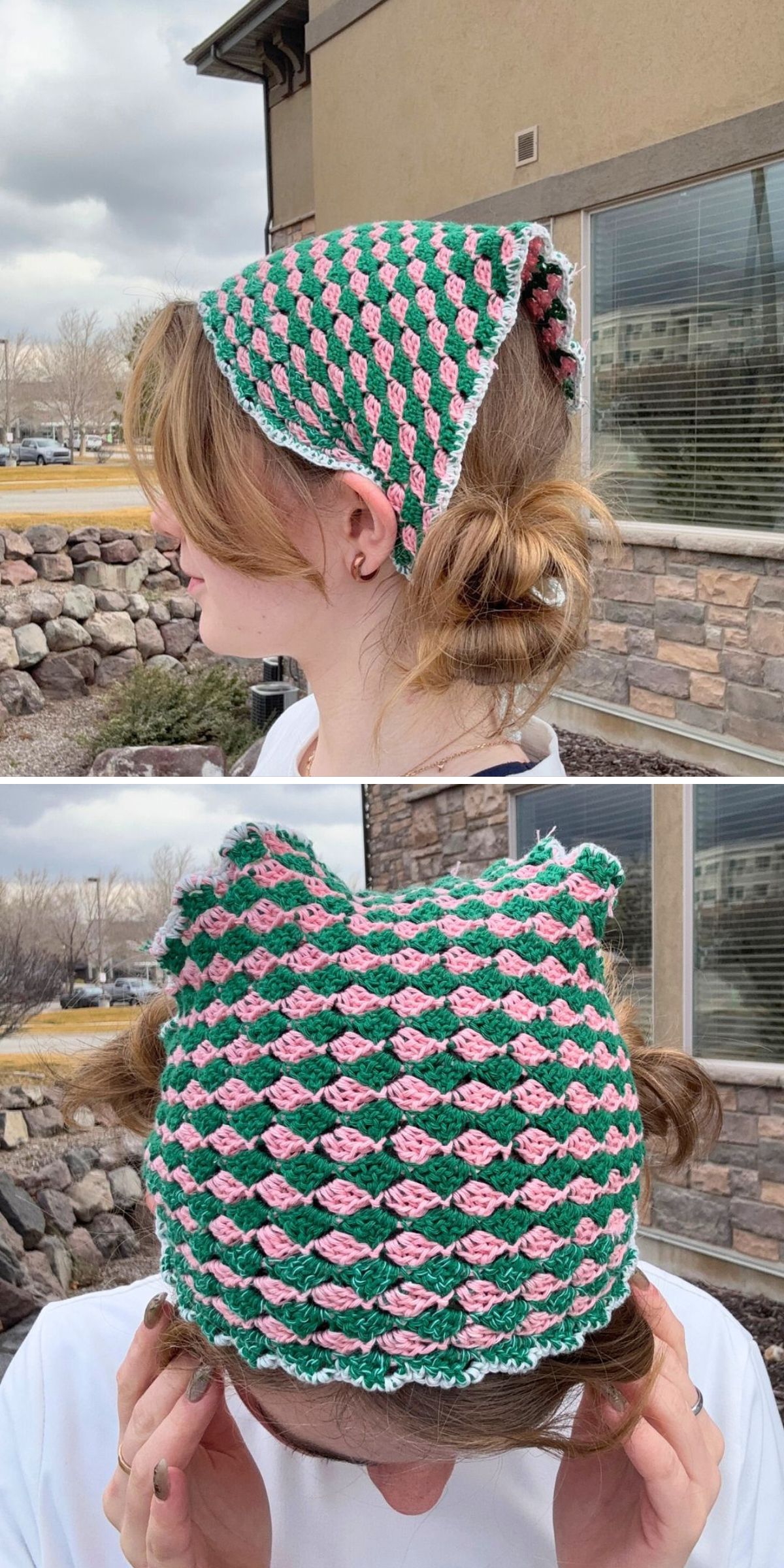 Person wearing a green, pink, and white crochet bandana with a textured diamond pattern, styled over two low buns and shown from the side and above outdoors.