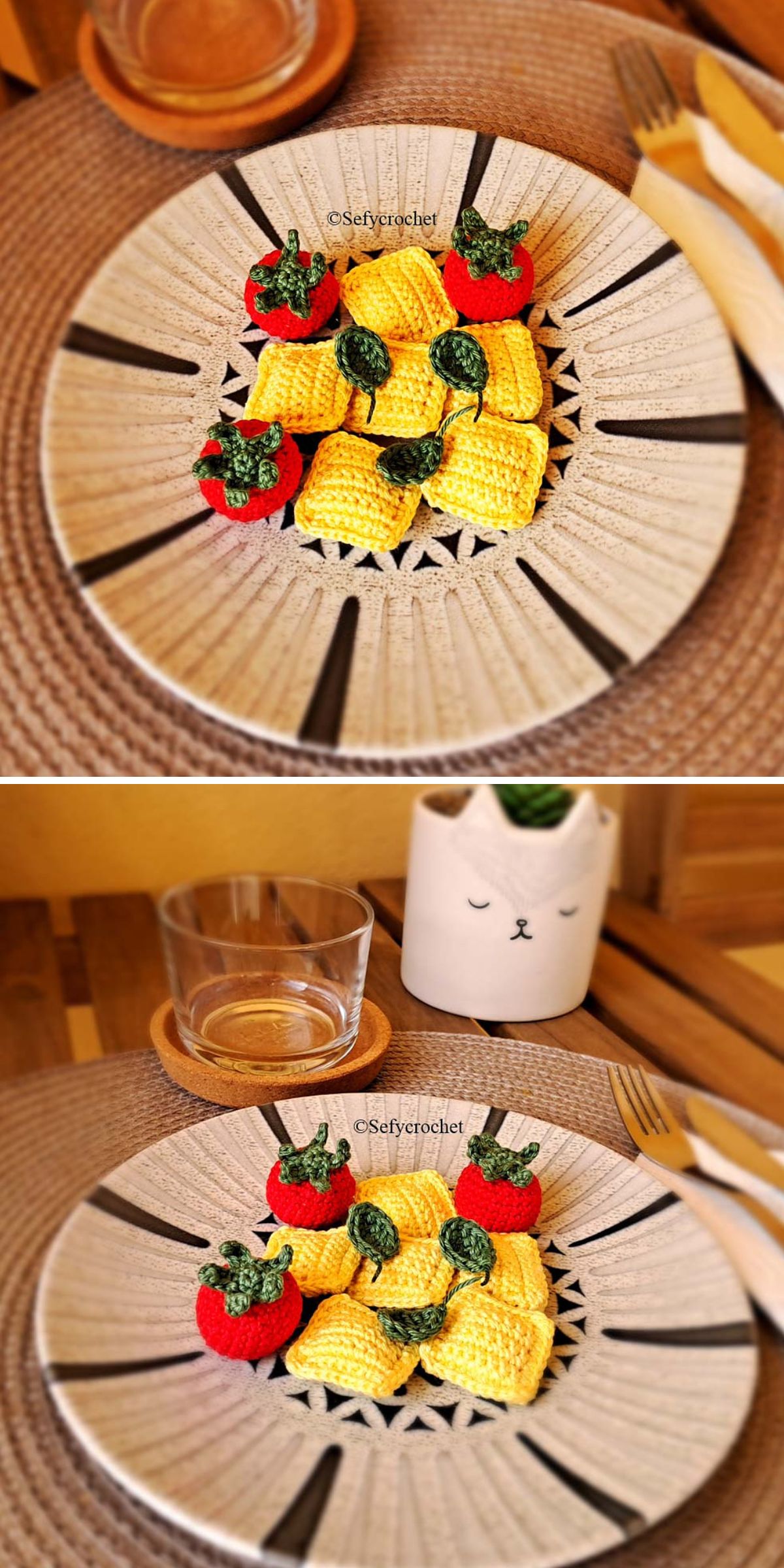 Handmade crochet ravioli pasta pieces and tomatoes arranged on a decorative plate, designed as realistic play food.