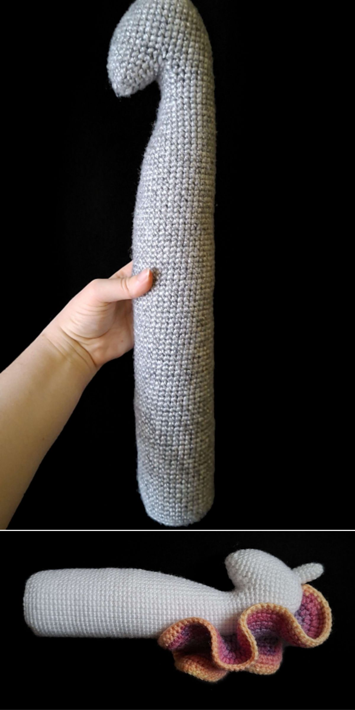 a hand holding a crochet pillow shaped like a crochet hook; the second pillow is upgraded to the unicorn look