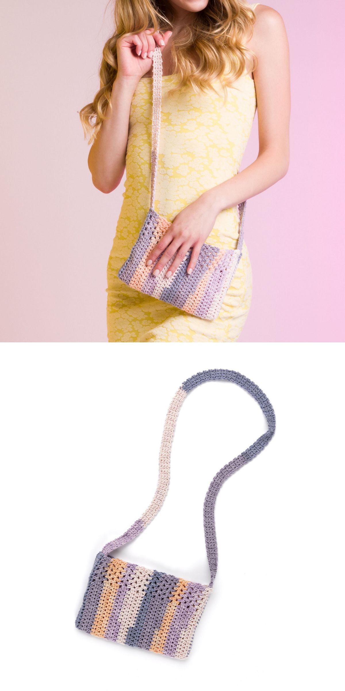 A woman in a yellow lace dress holds a small, pastel striped crochet crossbody bag. The second image shows the same crochet crossbody bag with a long strap against a white background.