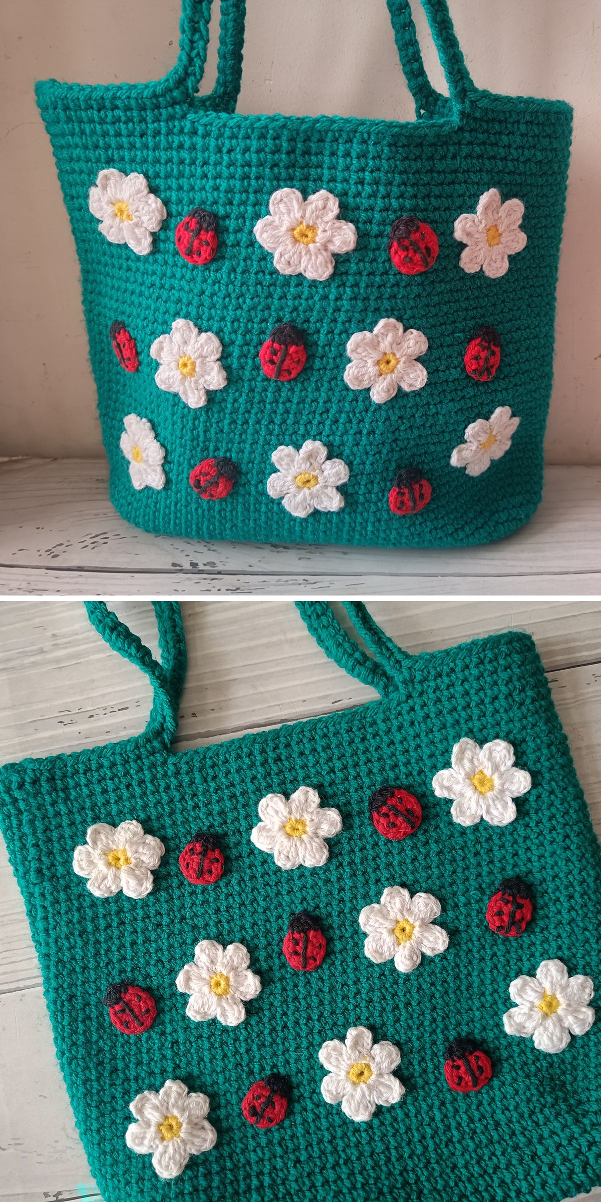 A charming green crochet bag tote, adorned with white flowers and red ladybugs, shown from two angles.