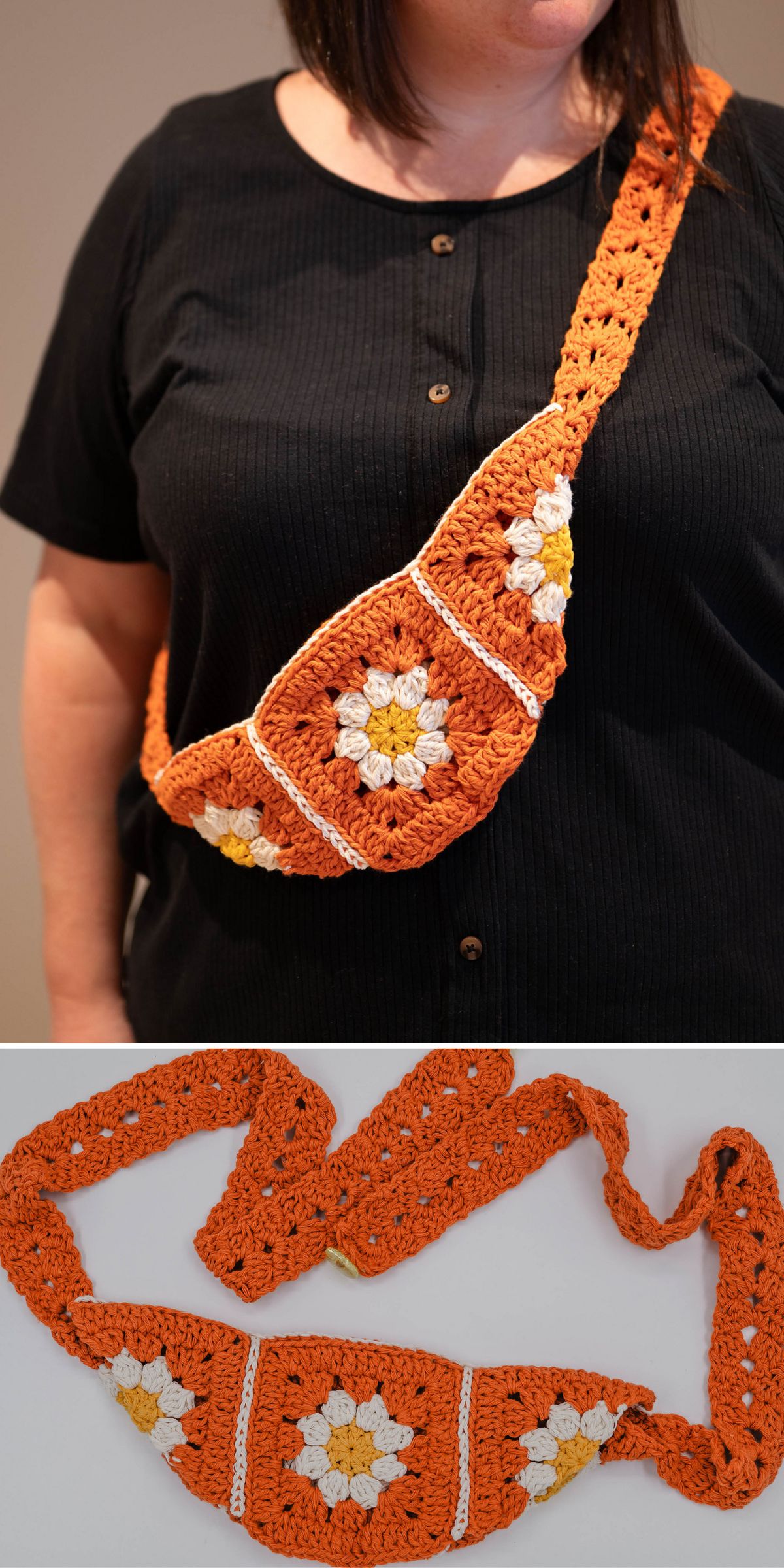 A person wearing a vibrant crochet crossbody bag with white and yellow flower patterns; close-up of the crochet crossbody bag laid flat below.