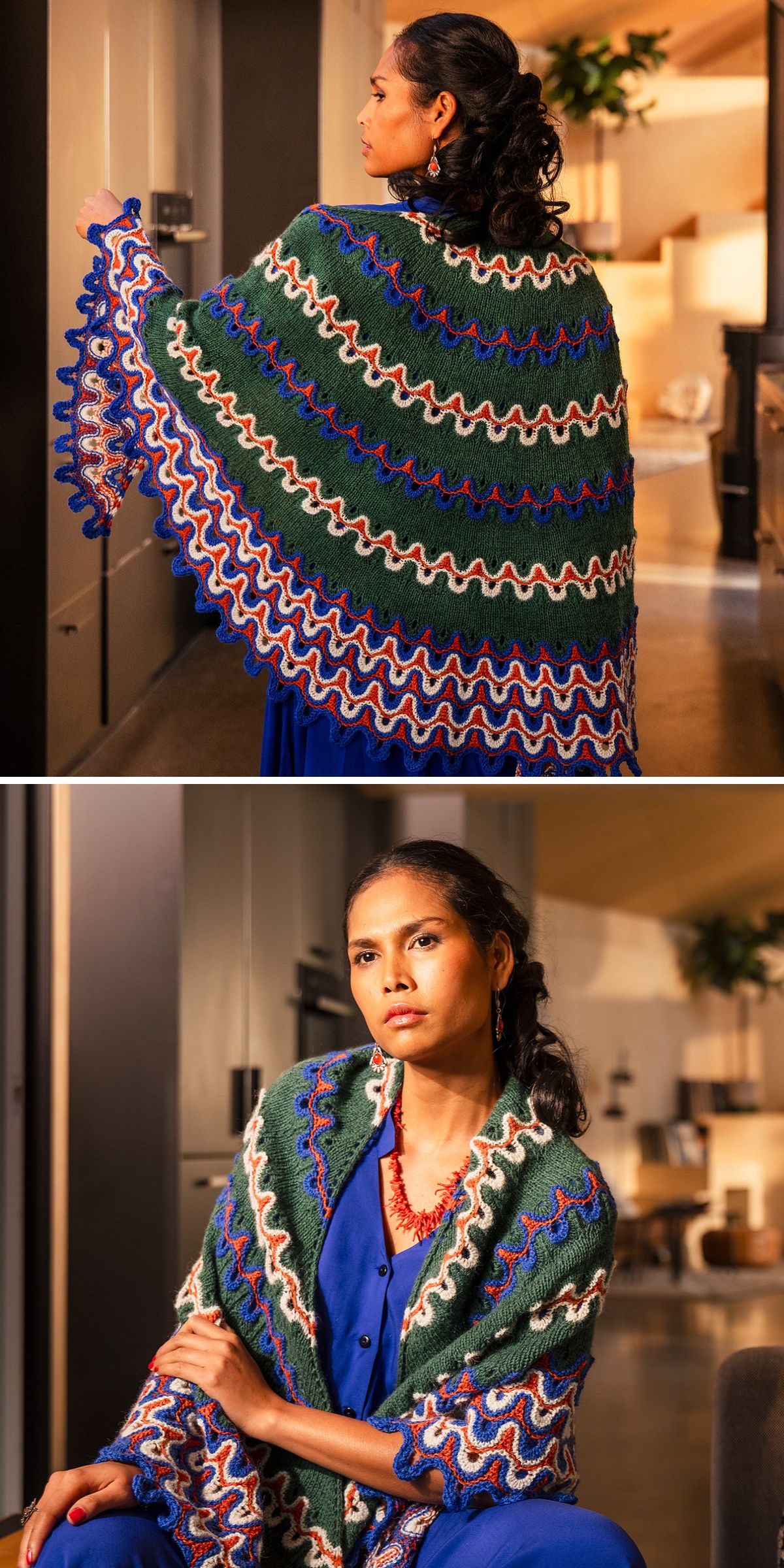 A woman wearing a green, white, blue, and red knitted shawl — perfect inspiration for those seeking free knitting patterns for wraps — is shown standing with her back turned in one image and sitting with the shawl draped around her shoulders in another.