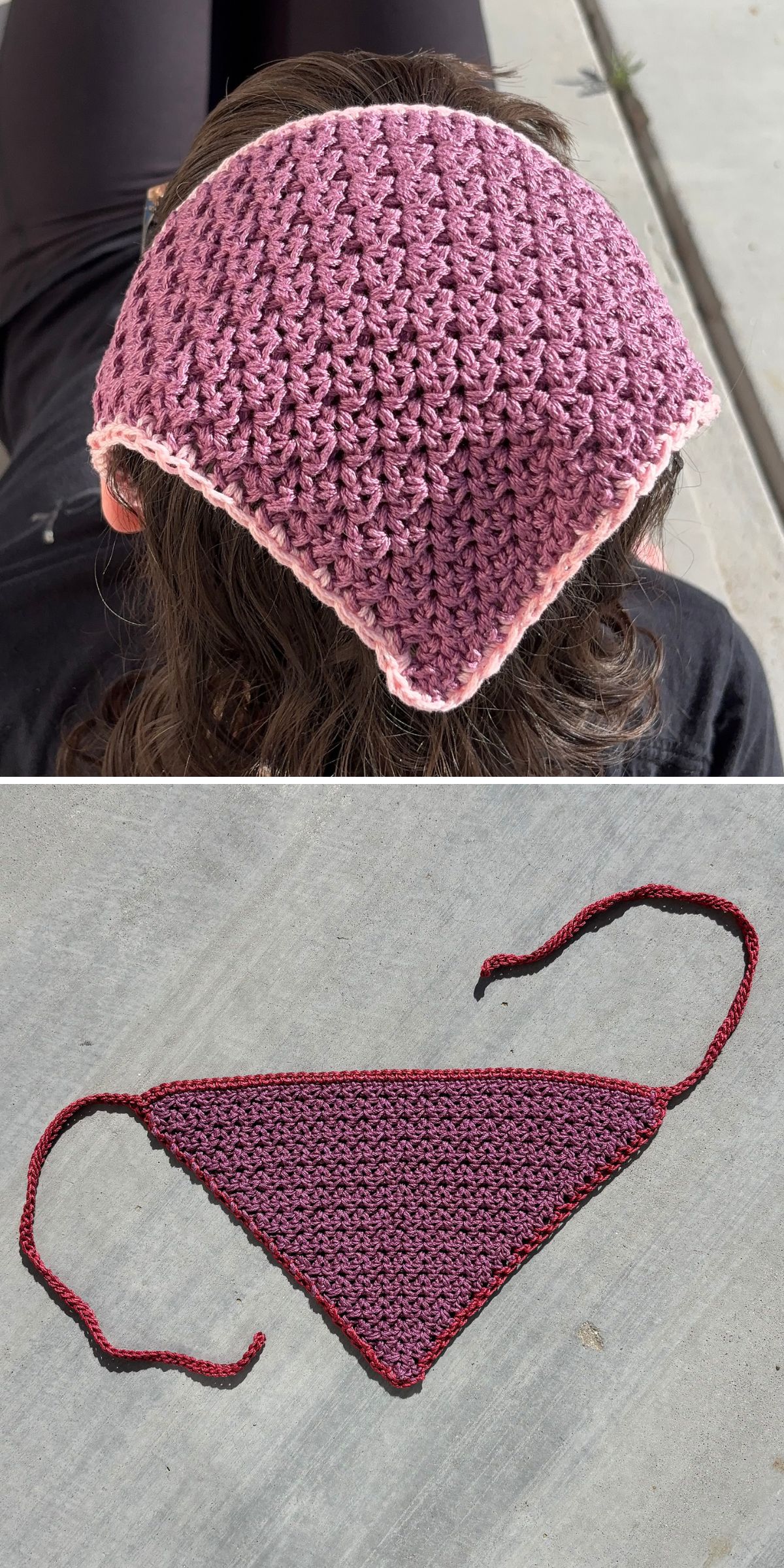 Textured crochet bandana headscarf in dusty rose yarn, shown worn and laid flat to display the triangular shape and tie straps.