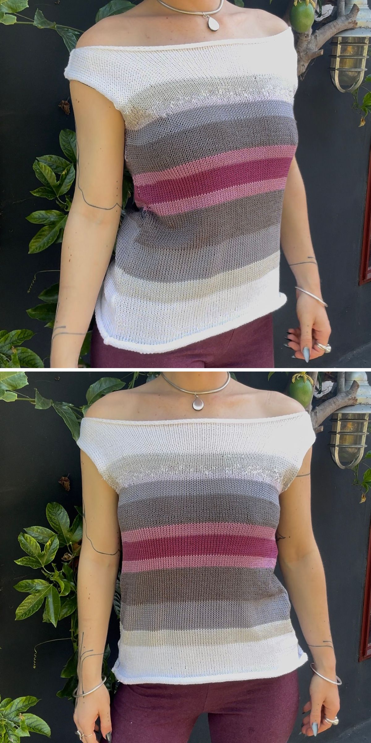 A person wearing an off-shoulder, striped knit halter top in shades of white, gray, and pink, standing in front of green foliage.
