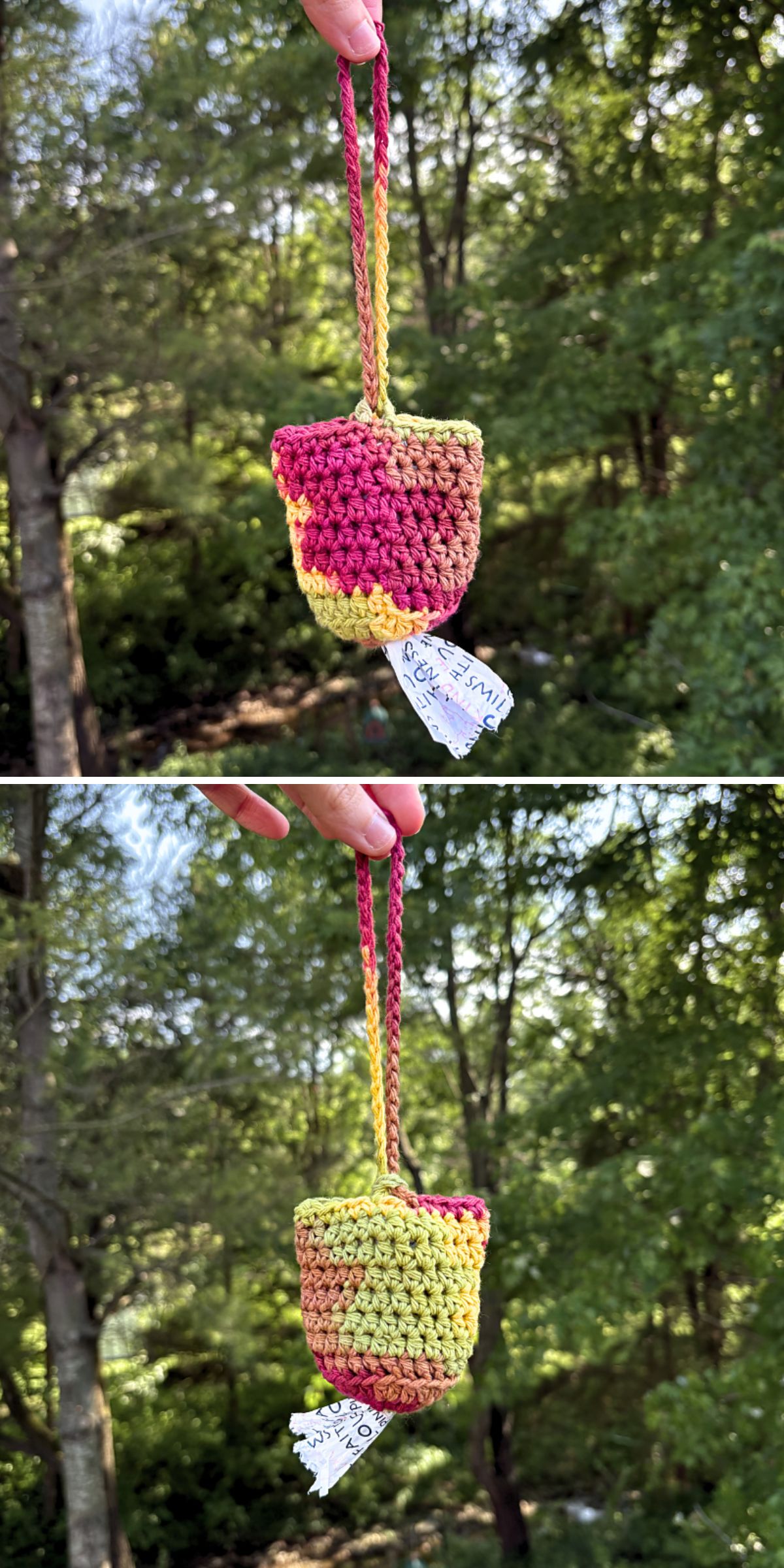 Two images show a hand holding a small, multicolored crocheted pouch with a handle and a tag that reads "Eli's Stuff," set against green trees—perfect for carrying crochet dog accessories on outdoor adventures.