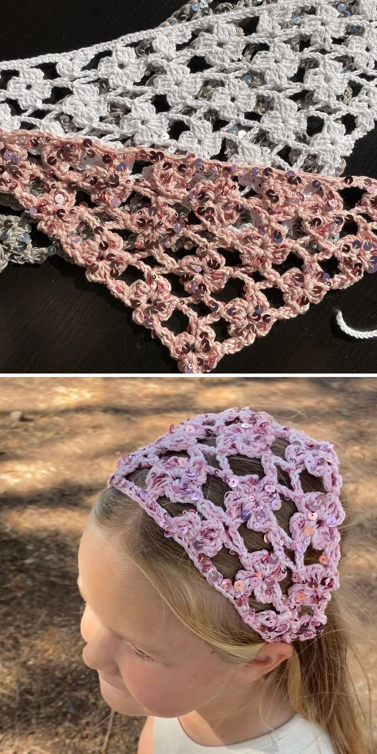 Two crocheted lace headscarves in pink and white are shown; the second image features a child outdoors wearing the pink crochet bandana.