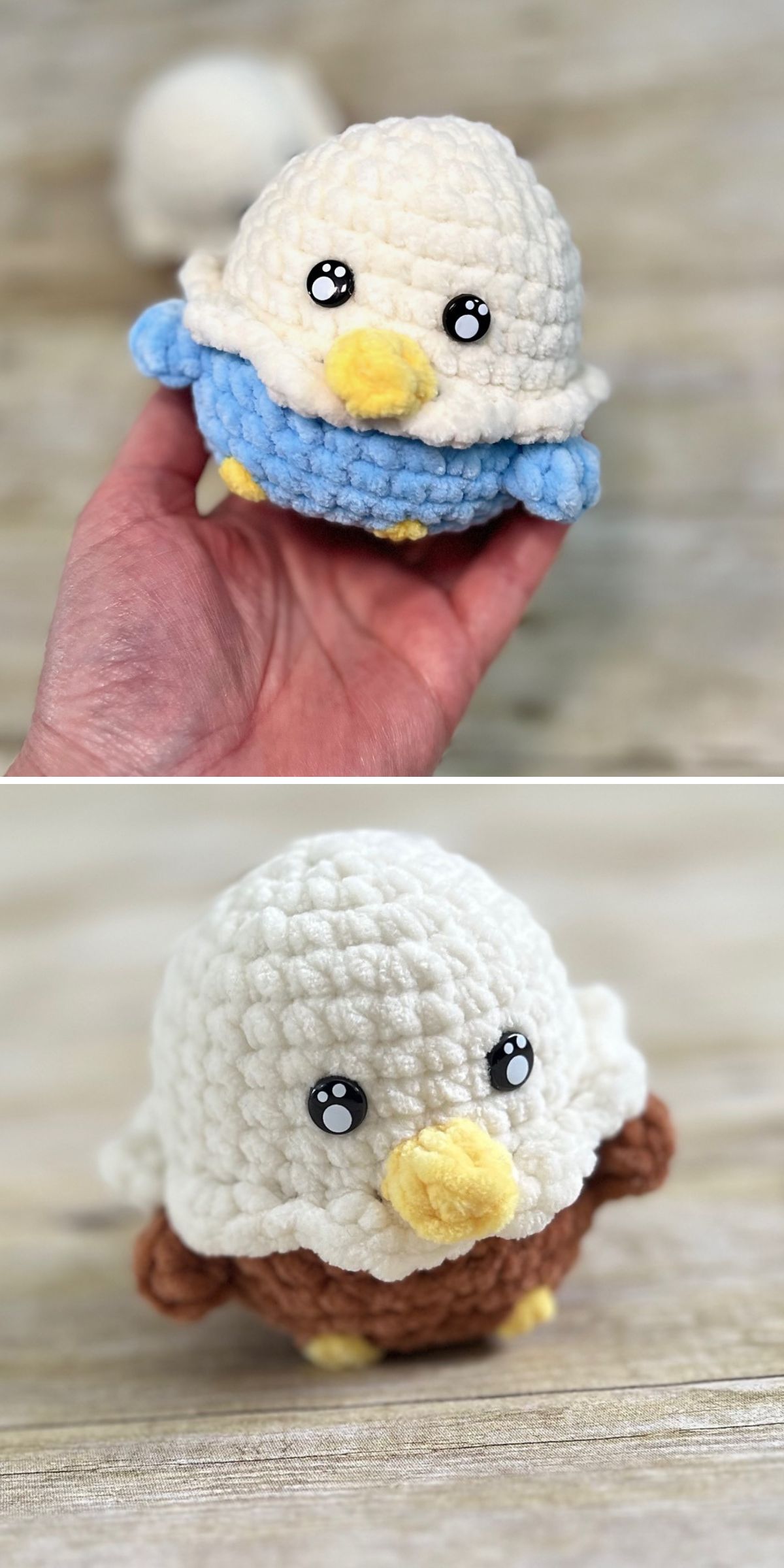 Two crochet bird plush eagles with large eyes — one with a blue body, held in a hand, and the other with a brown body, resting on a surface.