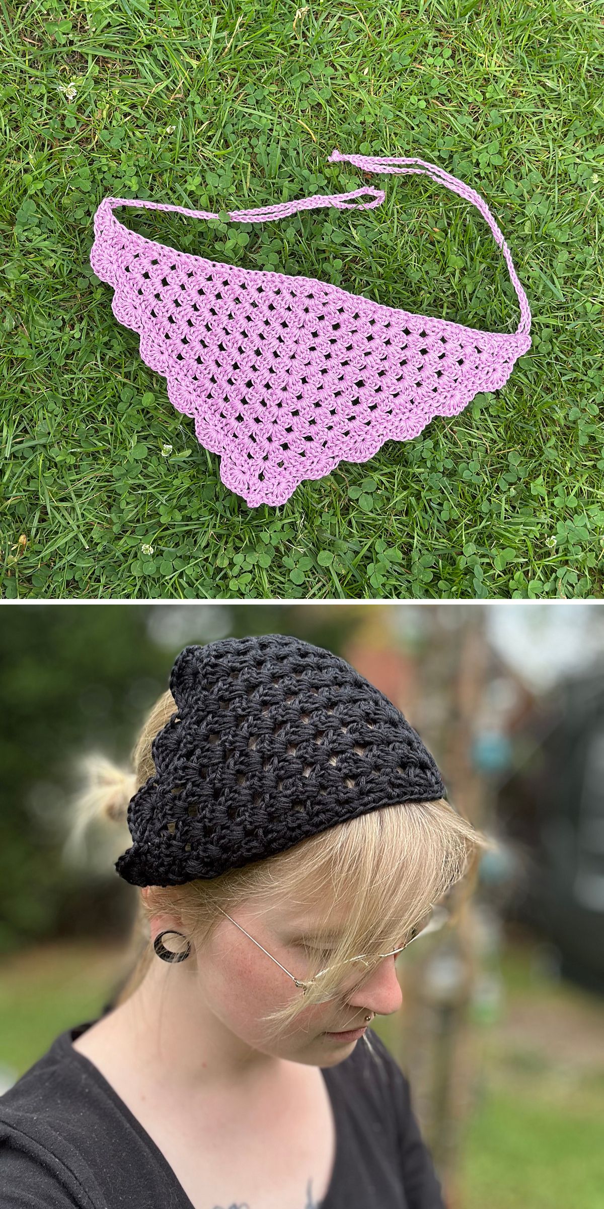 Two-part image: top shows a pink crocheted triangle, and bottom shows a person wearing a similar black crochet bandana as a headscarf.