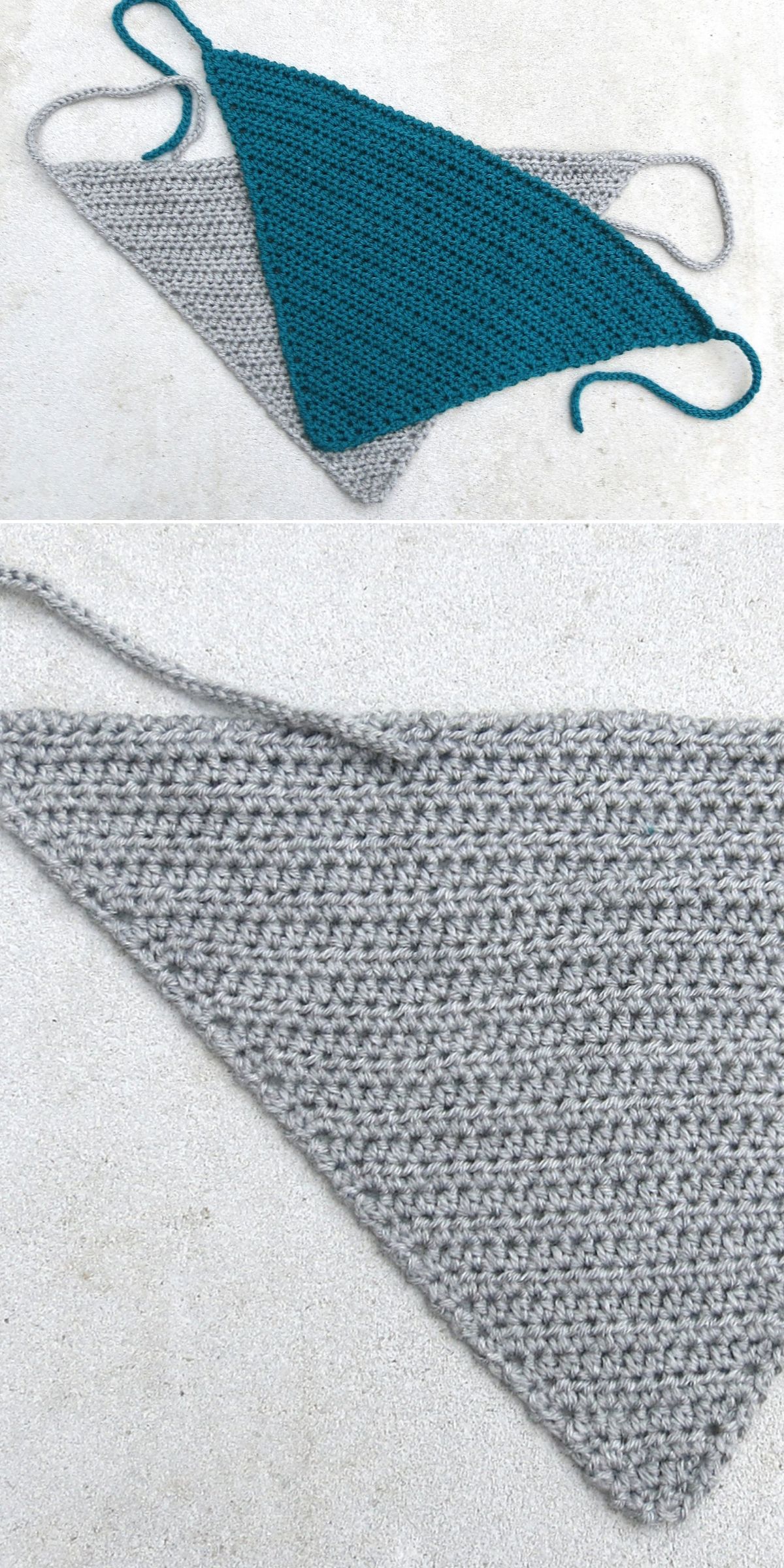 Two crochet bandana accessories, one teal and one gray, are displayed on a light surface; a close-up highlights the textured stitches of the gray crochet bandana.