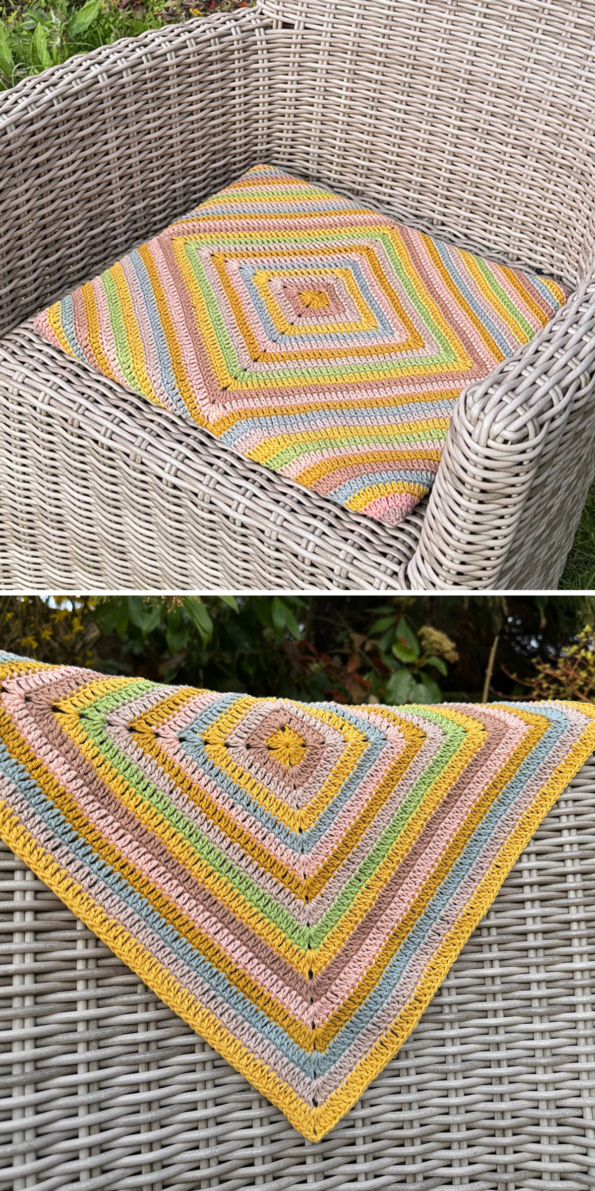 A pastel-striped crocheted square blanket is placed on a wicker chair outdoors, beside a matching crochet pillow, then shown draped over the chair’s armrest.