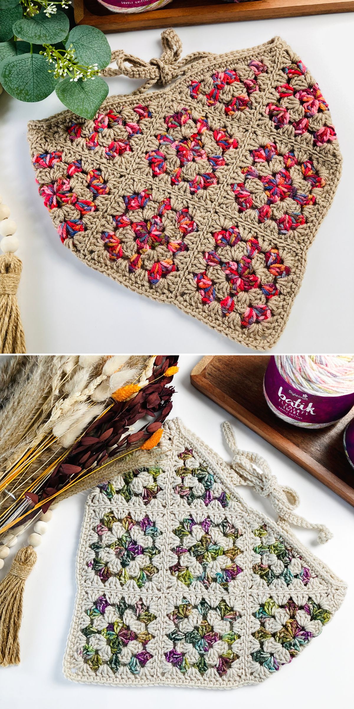 two crochet bandanas made with crochet granny squares in beige + red and beige + green colors
