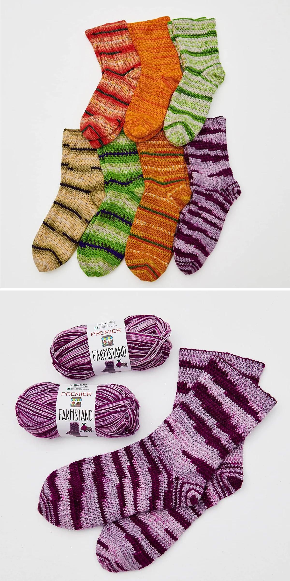 eight pairs of crochet socks in different colors with a striped design