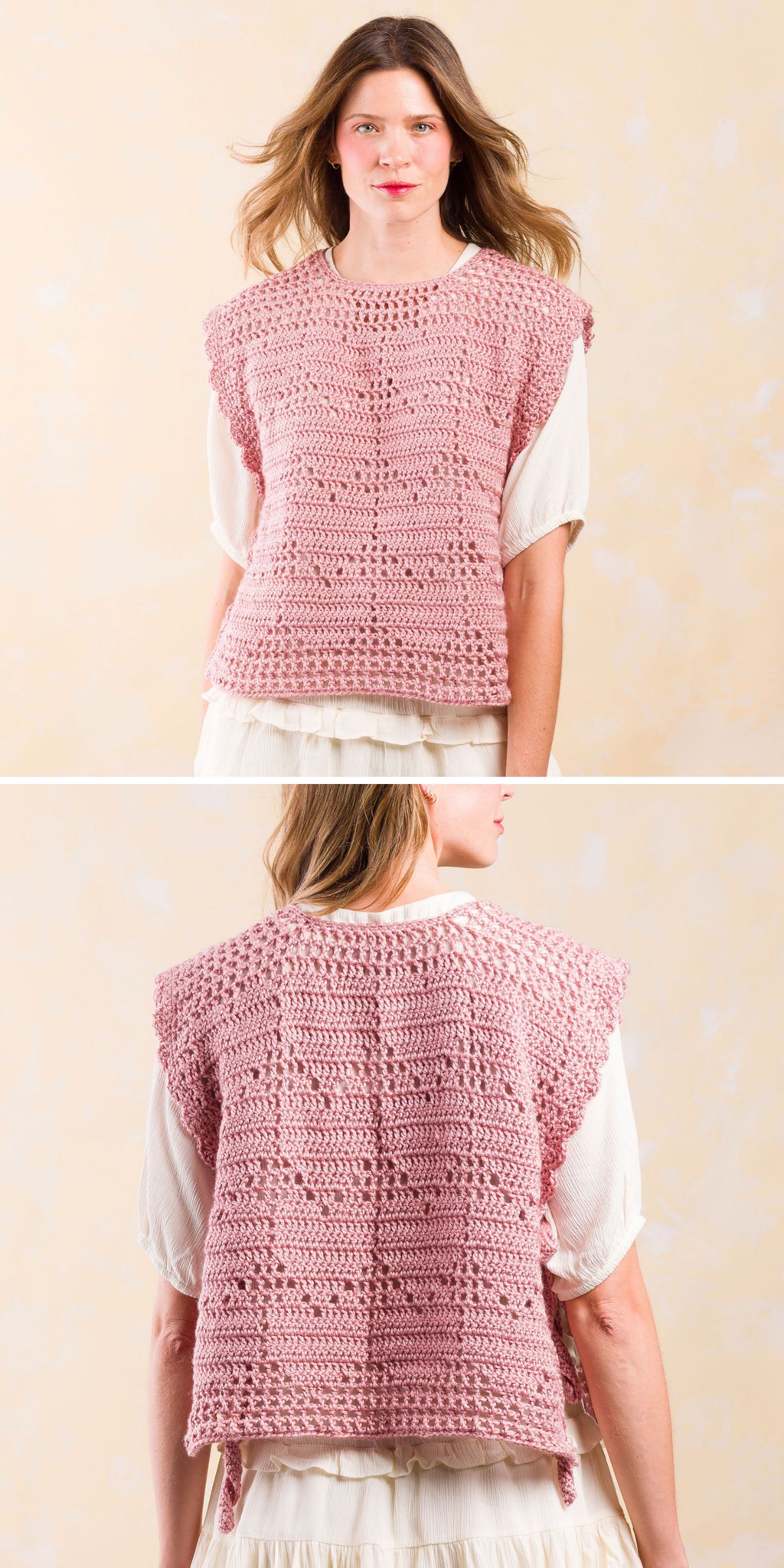 Dusty pink crochet vest with a filet crochet heart motif, styled over a cream blouse and shown from both front and back views.